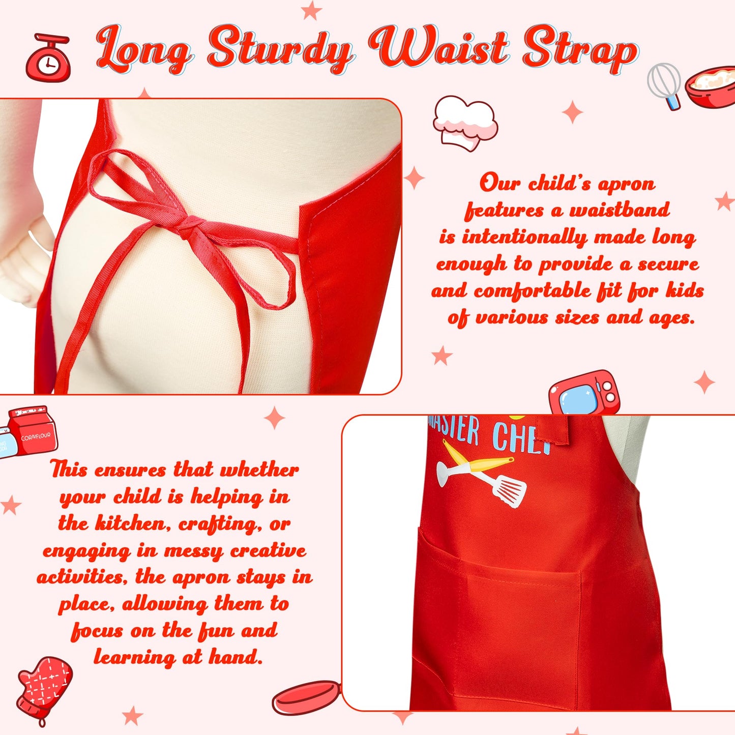 R HORSE 2Pcs Kid Apron and Chef Hat Set Adjustable Children Red Kitchen Apron Cooking Baking Painting and Training Kits Dress up