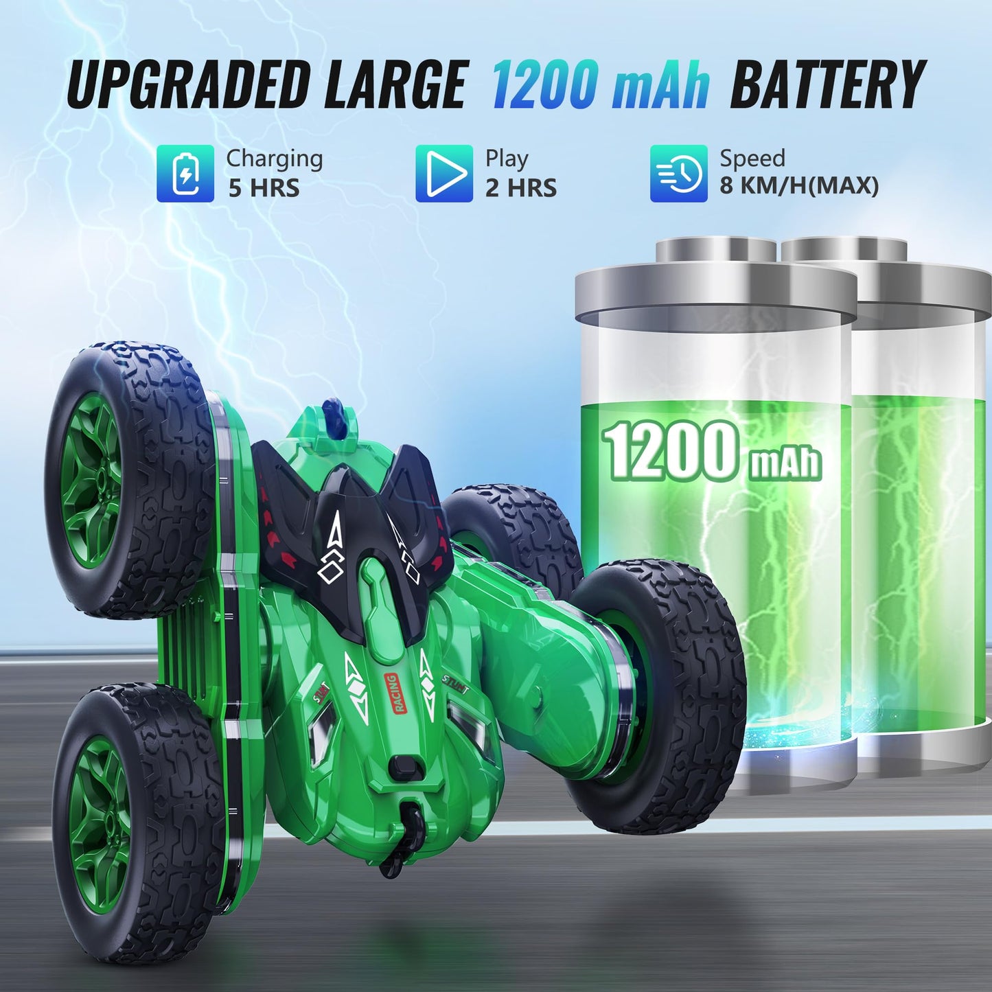 CoziBB Remote Control Car, RC Cars with Strip Lights and Headlight, 2 Hours Long Battery Life, 4WD Double-Sided 360 Flips Rotati