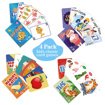 Card Games Go Fish,Old Maid,Slap Jack And Memory Match-4 Decks In 1 Pack,Classic Card Games For Kids Toddlers,Fun Kids Games For