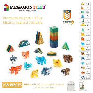 Megagontiles 108 Pcs Zoo Animals Magnetic Tiles Set | Magnet Building Blocks Farm World Toys | Stem Authenticated| Magnetic Animals For Kids Age 3 4 5 6 7 8 Toddlers Boys Girls