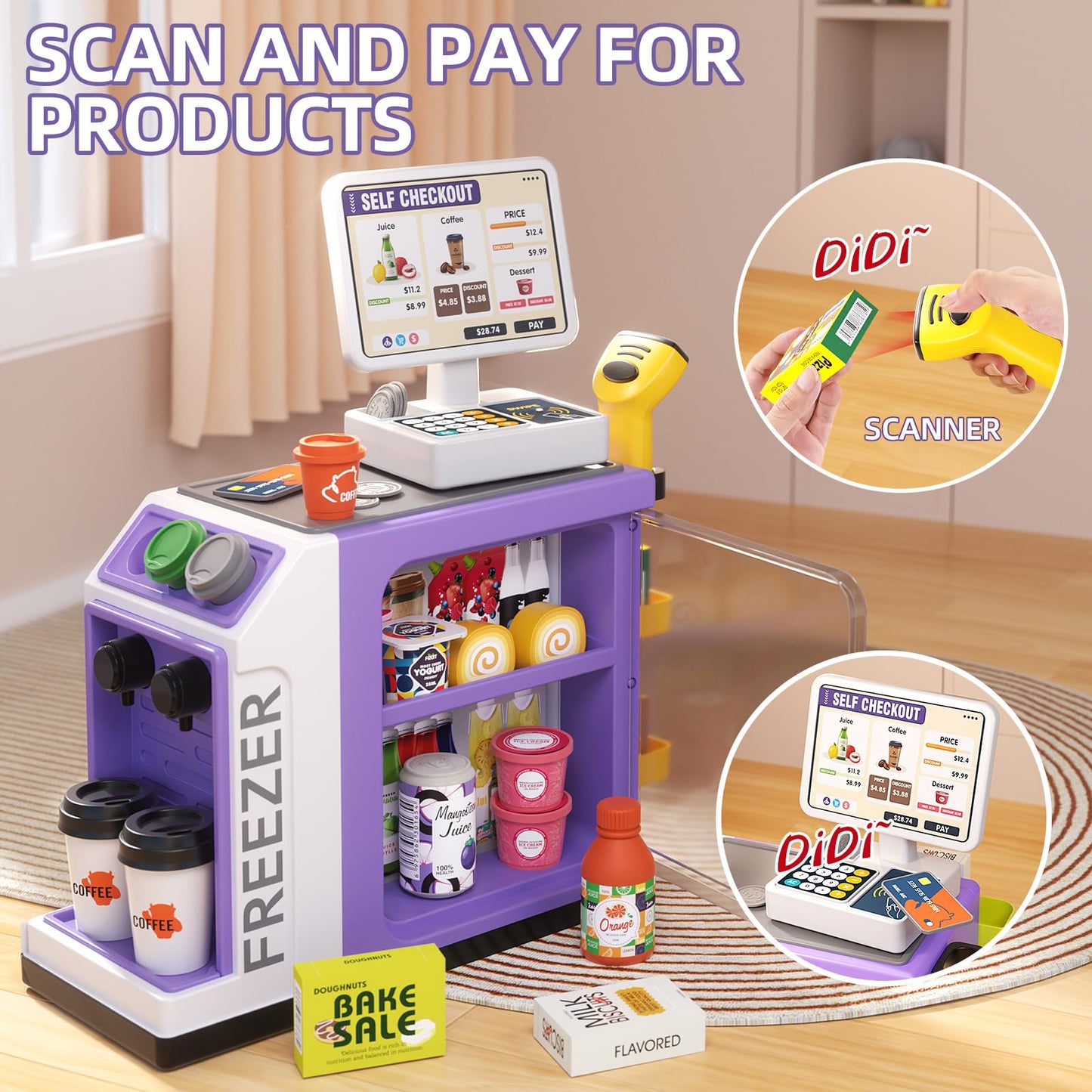 Jovow 48-Piece Pretend Play Cash Register Toy Set For Kids With Water Outlet Function - Calculator, Shopping Bag, Scanners, Coff