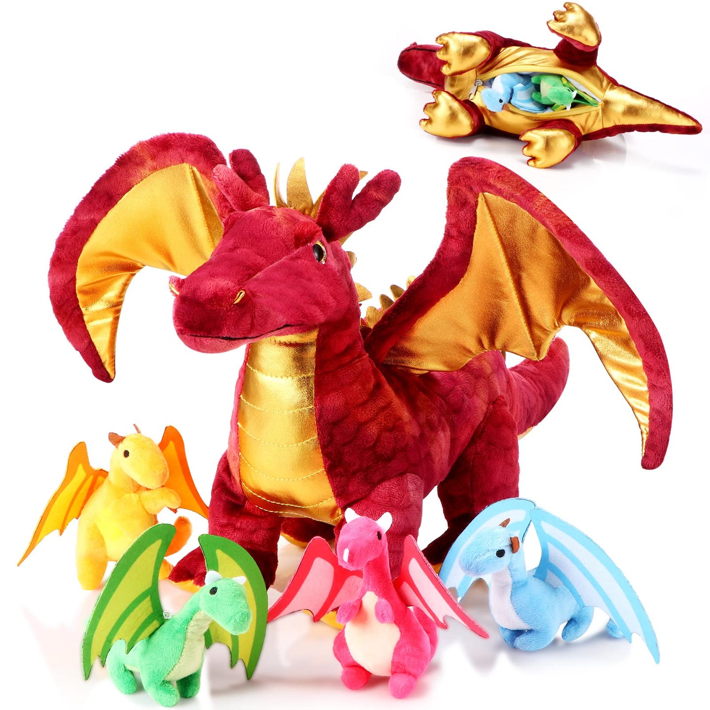 Lenwen 16 Inch Plush Dragon Stuffed Animals Set - Large Mommy Dragon with 4 Babies - Perfect for Easter, Birthdays, and Classroom Awards