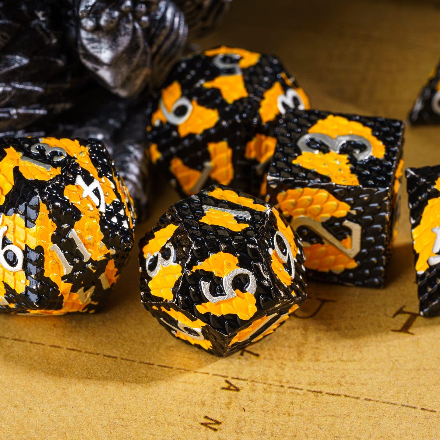 UDIXI Metal DND Dice Set Dragon Scale Polyhedral Dice D&D for Role Playing Games Dungeons and Dragons MTG (Black Orange-Silver N