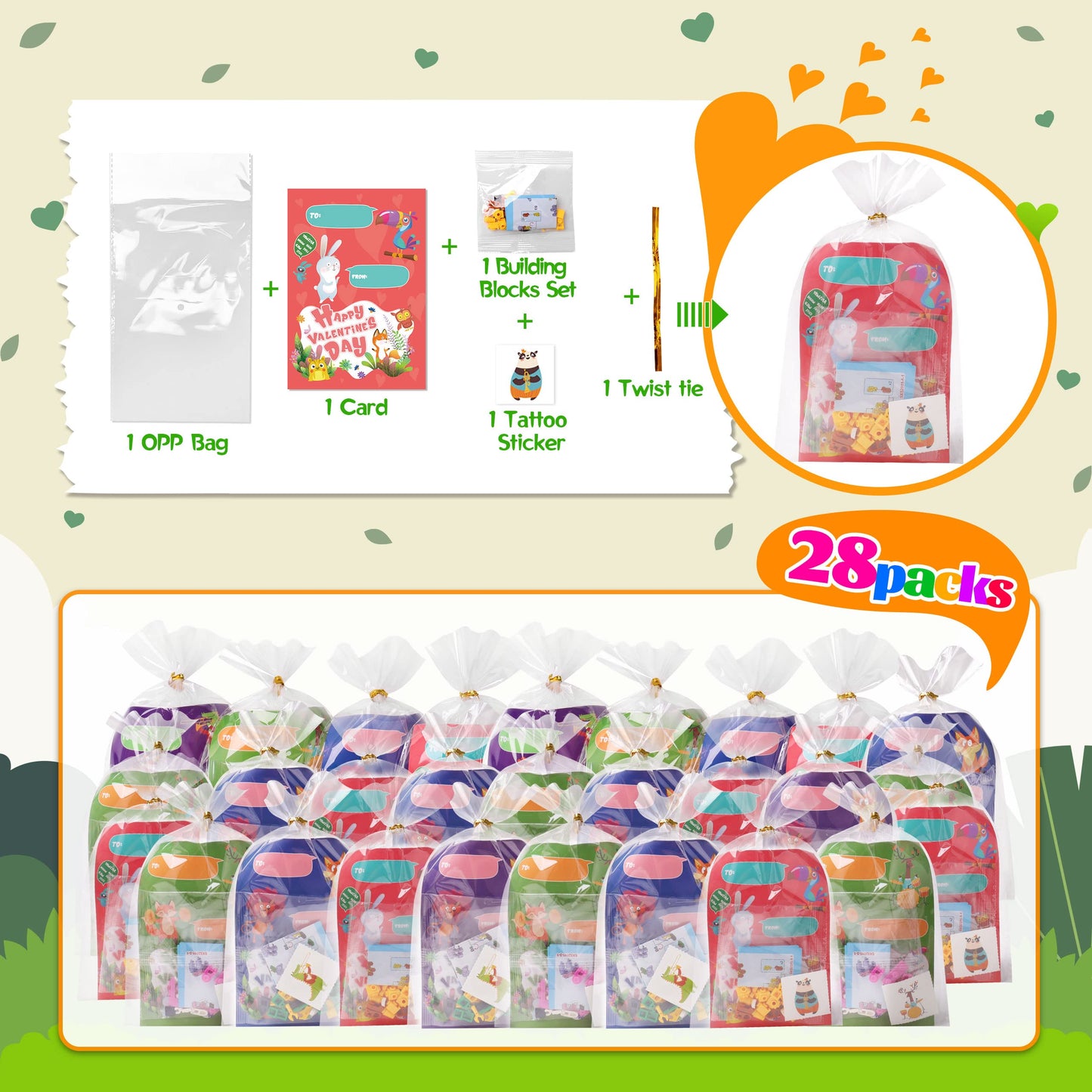 Valentines Day Gifts For Kids Classroom-28 Packs Animal Building Blocks With Kids Valentines Day Cards For School & Stickers, Class Valentines Gifts Boxes For Kids Boys Girls Party Favors Exchange