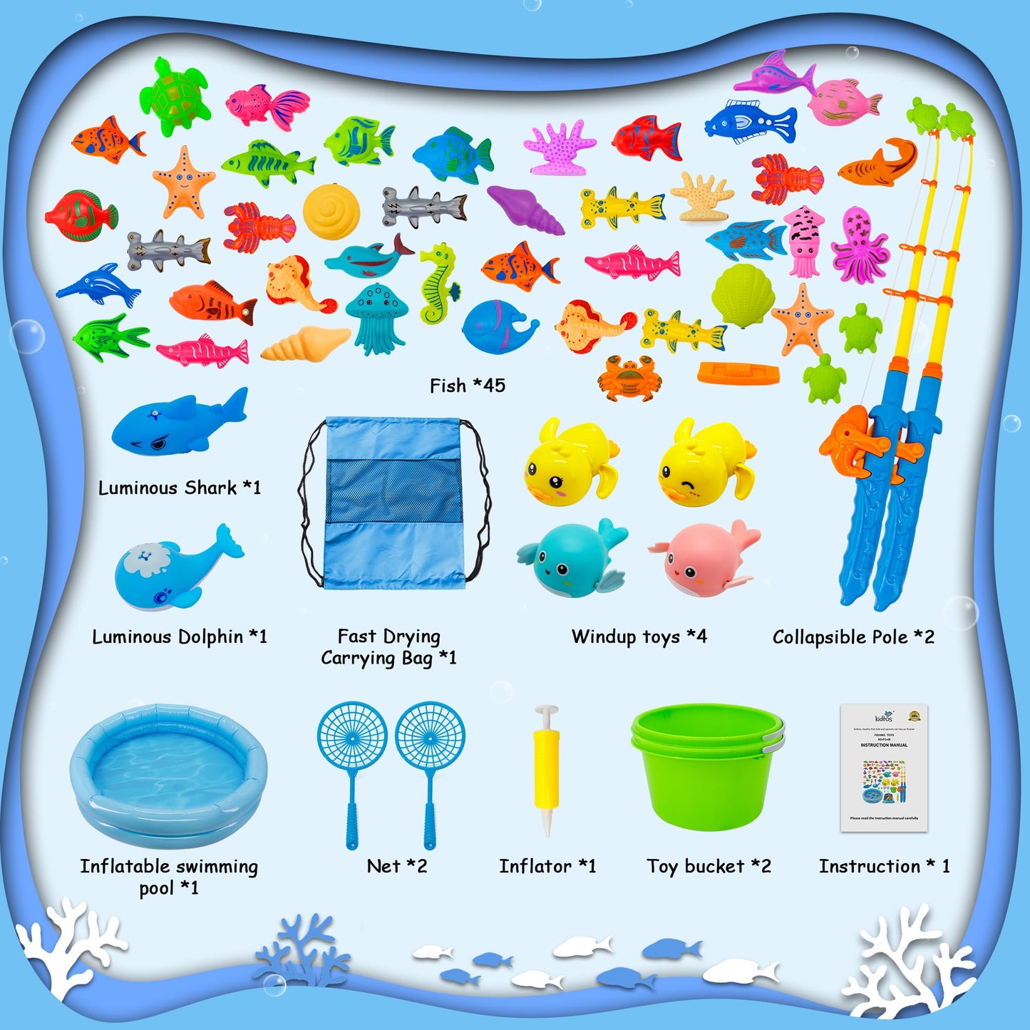Kiditos 60Pcs Magnetic Fishing Bath Toys Game Set,Swimming Fish Toys For Bathtub,Water Table Bathtub Toys For Toddlers Kids Age
