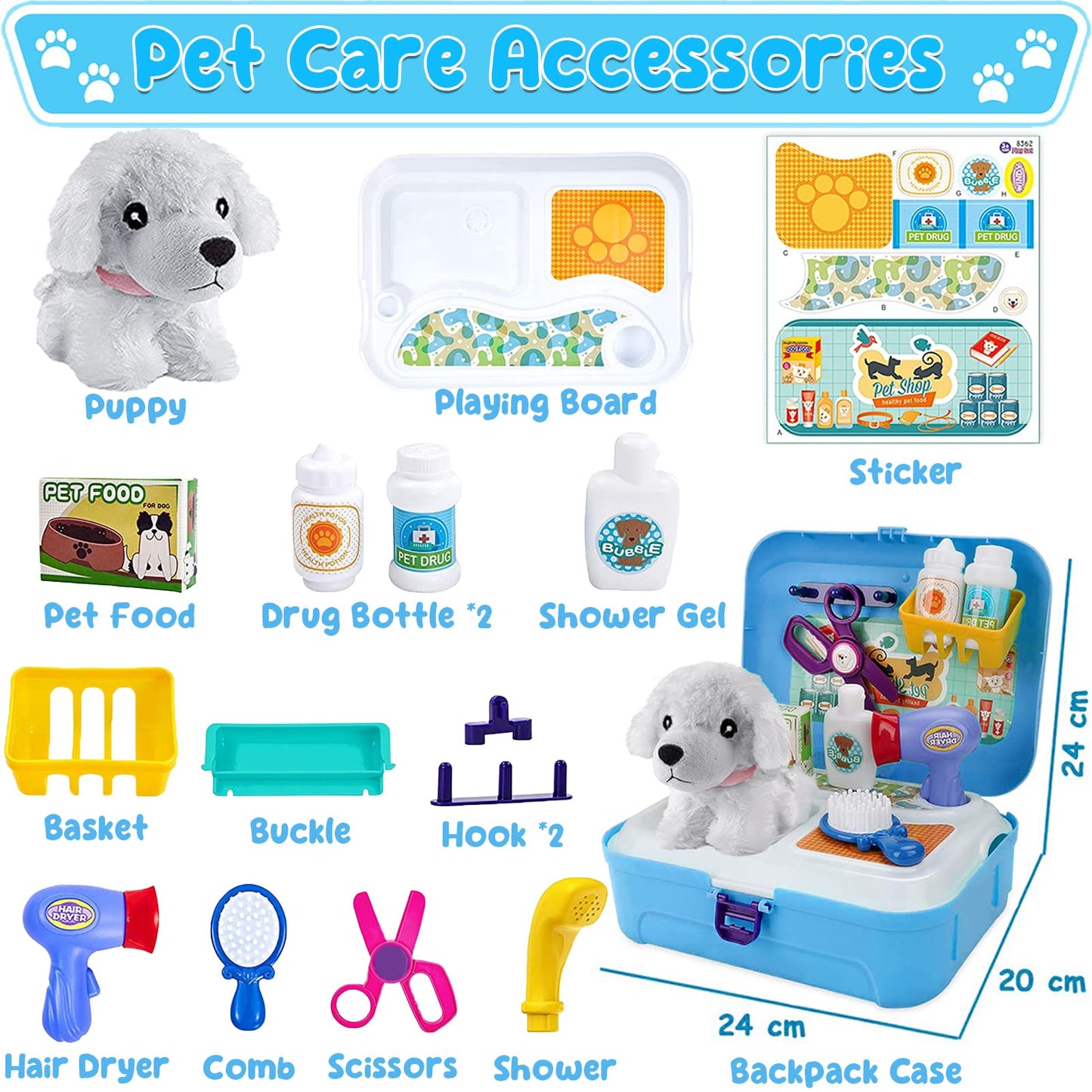 TEUVO Pet Care Playset, 16Pcs Kids Doctor Kit with Plush Dog & Backpack for Dog Grooming & Feeding, Pet Doctor Pretend Play Toys