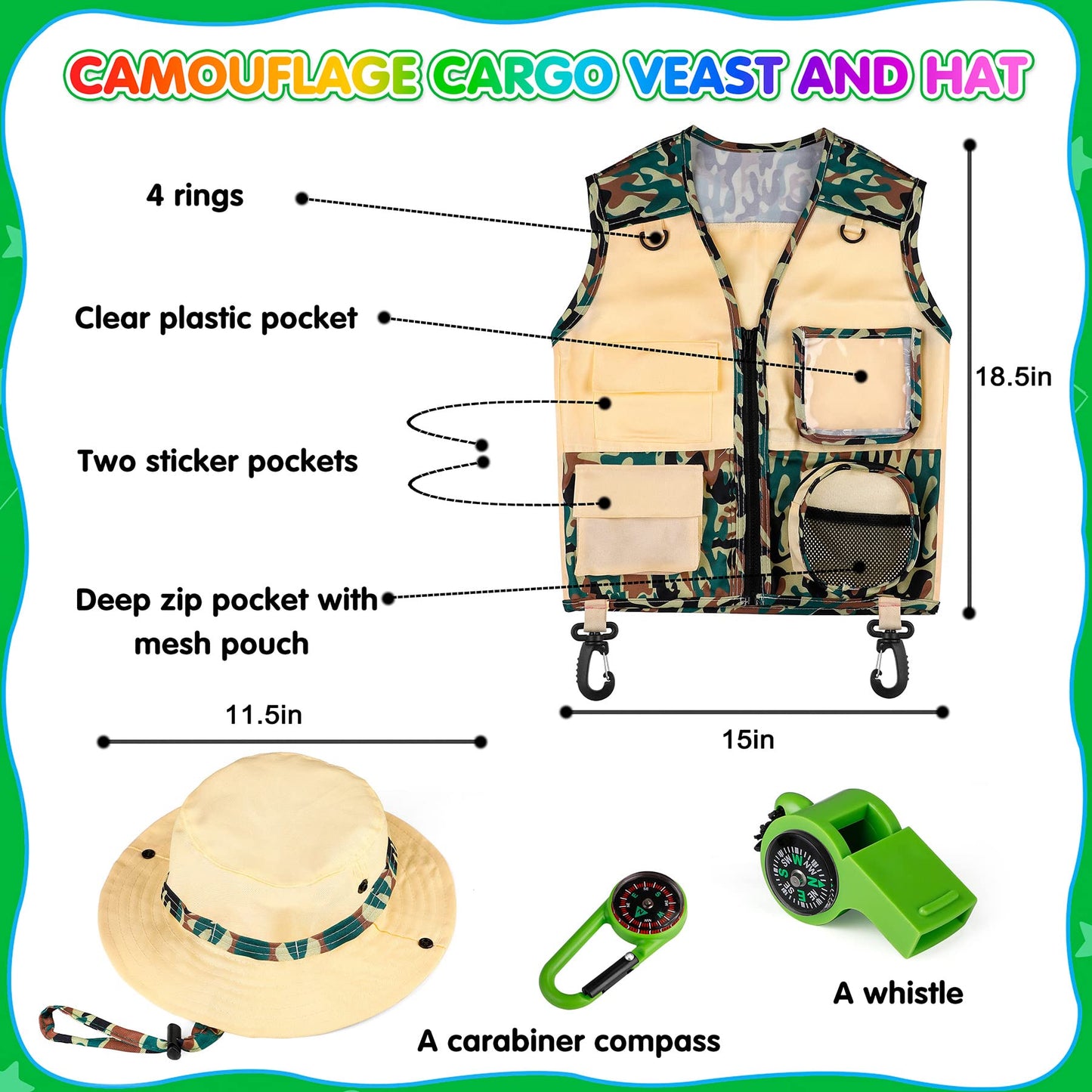 Innocheer Kids Explorer Kit & Bug Catcher Kit & Safari Costume Kit, Outdoor Exploration Set With Hat, Vest, Butterfly Net And Bugs Book For Boys Girls 3-12 Years Old (Camouflage Green)