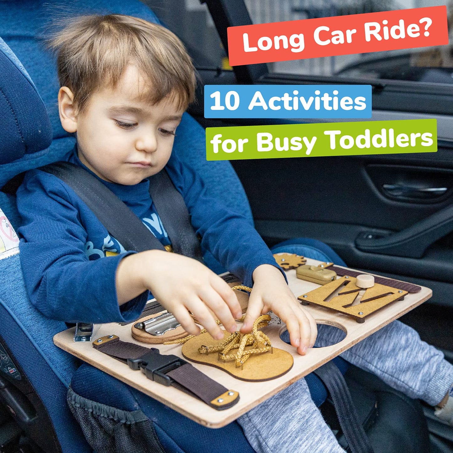 Democa Montessori Busy Board For Toddlers, Wooden Toy With 10 Educational Activities To Develop Fine Motor Skills, Airplane & Car Travel Toy For Boys & Girls - Packaging May Vary