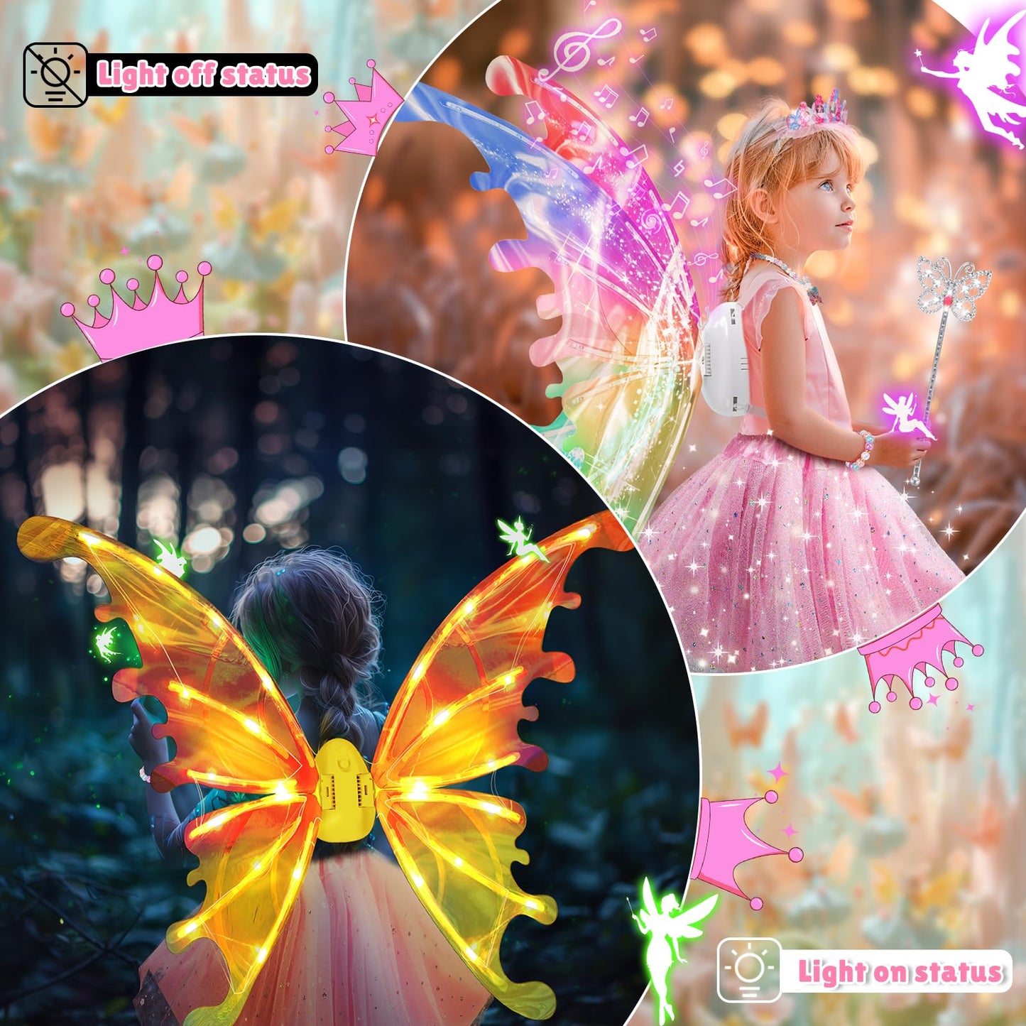Princess Dress Up Costume With Electric Fairy Wings For Girls, Light Up Moving Butterfly Wings With Led Lights&Music, Princess C