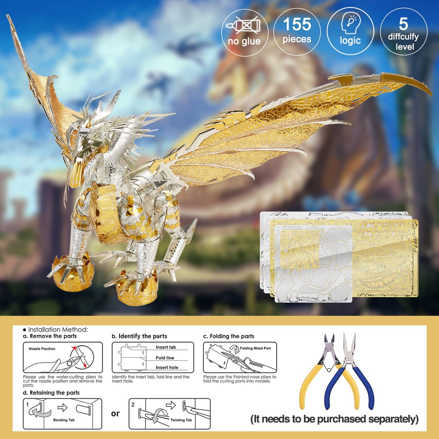 Piececool 3D Metal Puzzles For Adults, Glorystrom Dragon 3D Metal Model Kits, Brain Teaser Puzzles Diy Assembling Crafts For Str