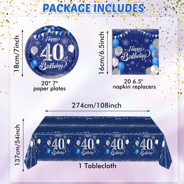 Blue 40Th Birthday Decorations For Men Navy Blue Silver Happy 40Th Birthday Plates,Table Covers And Napkins For 40Th Birthday An