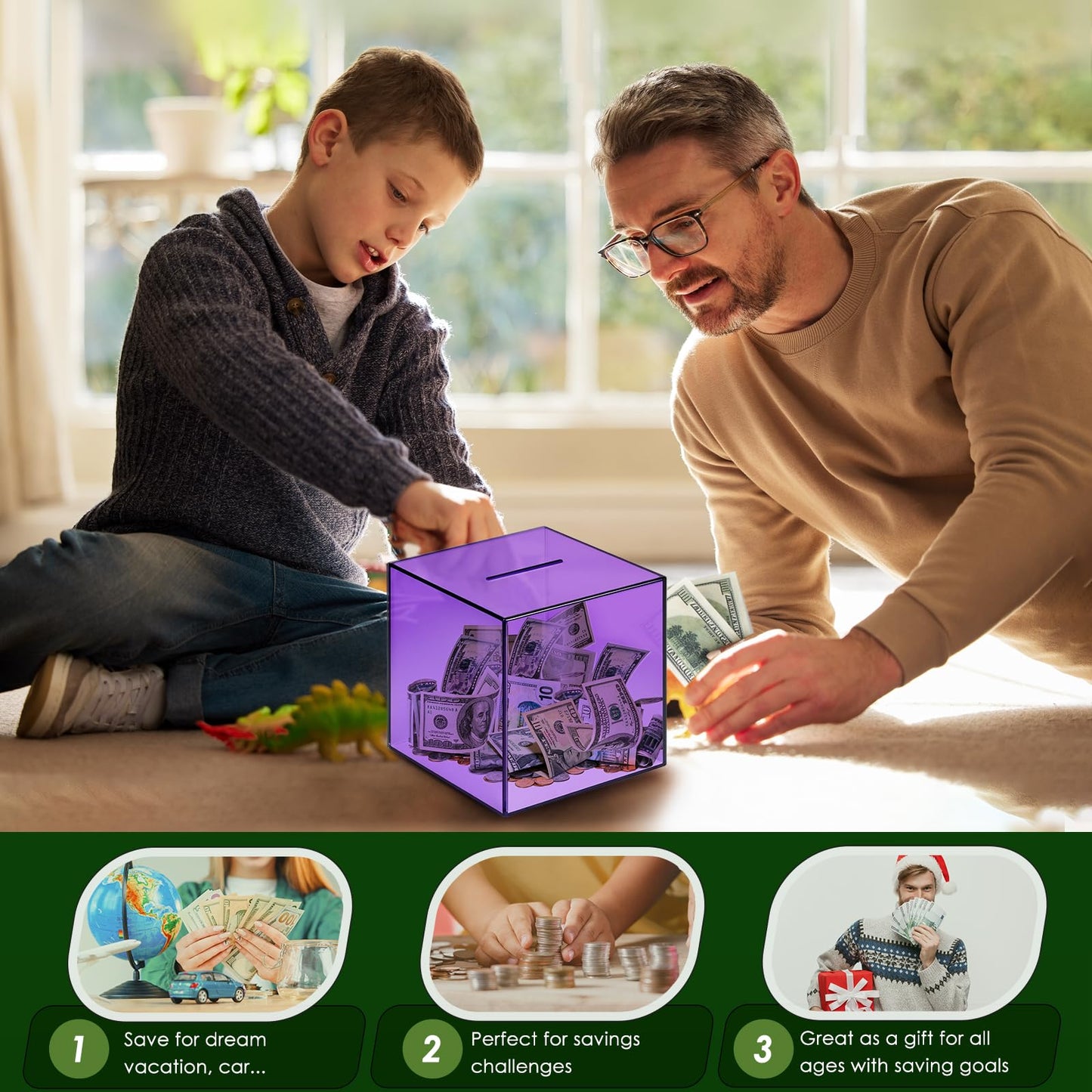 Piggy Bank for mature-themeds Must Break to Open Vcertcpl Acrylic Clear Piggy Bank Money Saving Box for Cash Saving Unopenable mature-themeds Bank for Real Money Bank Coin Bank Change Jar (Purple 12x12CM)