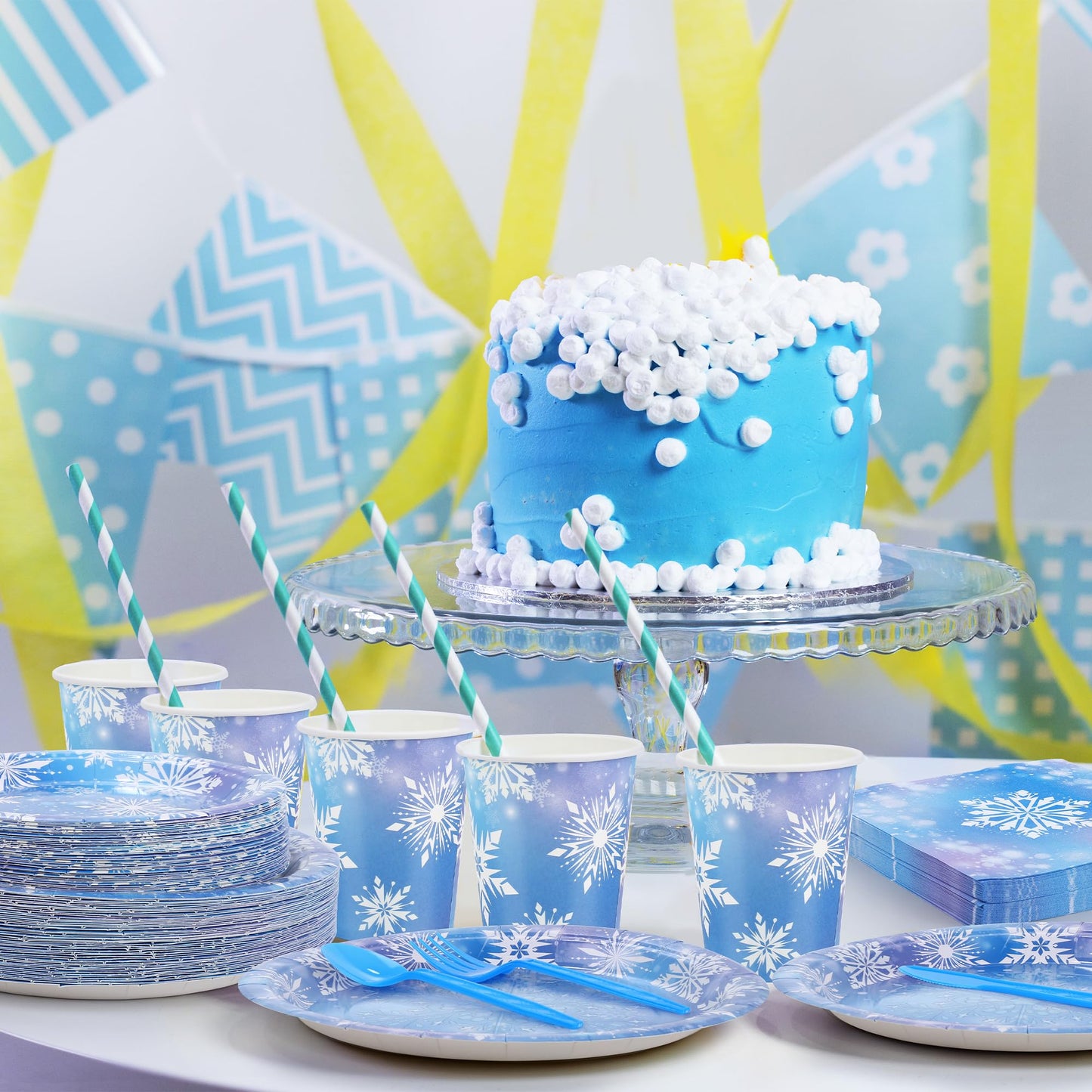 Durony 350 Pcs Frozen Birthday Party Supplies Winter Snowflake Frozen Plates Napkins Cups Plastic Cutlery Frozen Party Disposabl