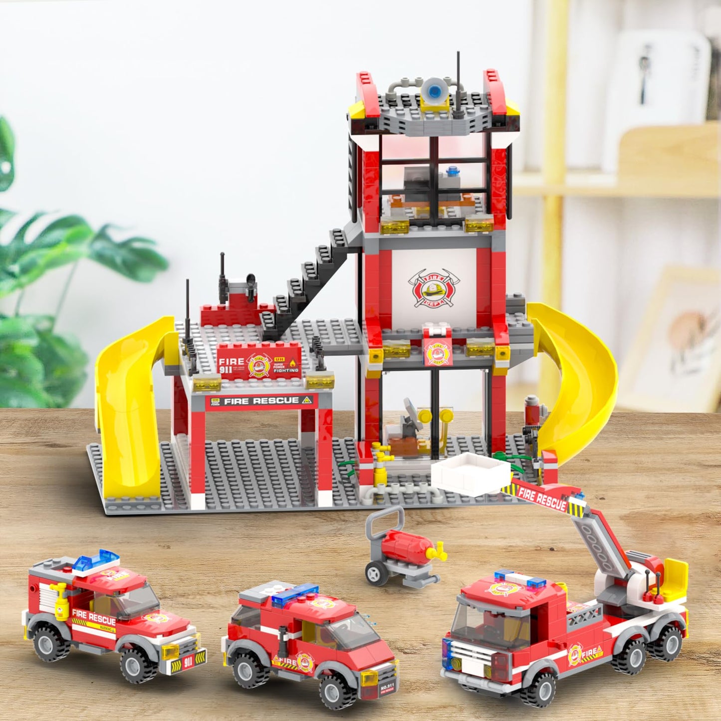 Wishalife City Fire Station Toy Building Set, With 3 Fire Truck Toys, Extinguishers, Pretend Play Toys Gift Idea For Kids Boys G
