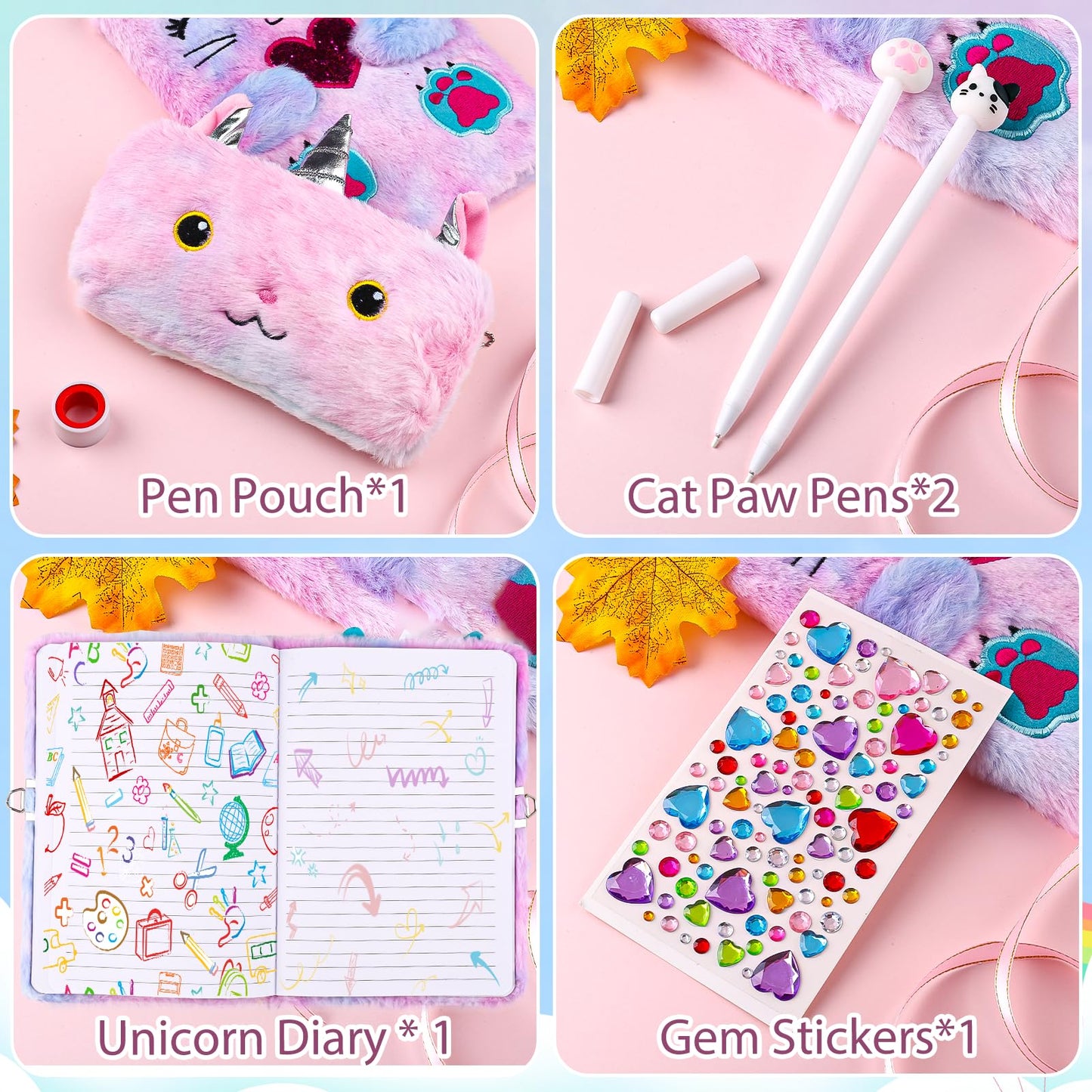Unicorn Gifts for Girls Age 8-12 Years Old Diary with Lock Birthday Gift Set for Kids Teens Unicorn Toys with Pen Pouch Cat Paw Pen for Christmas