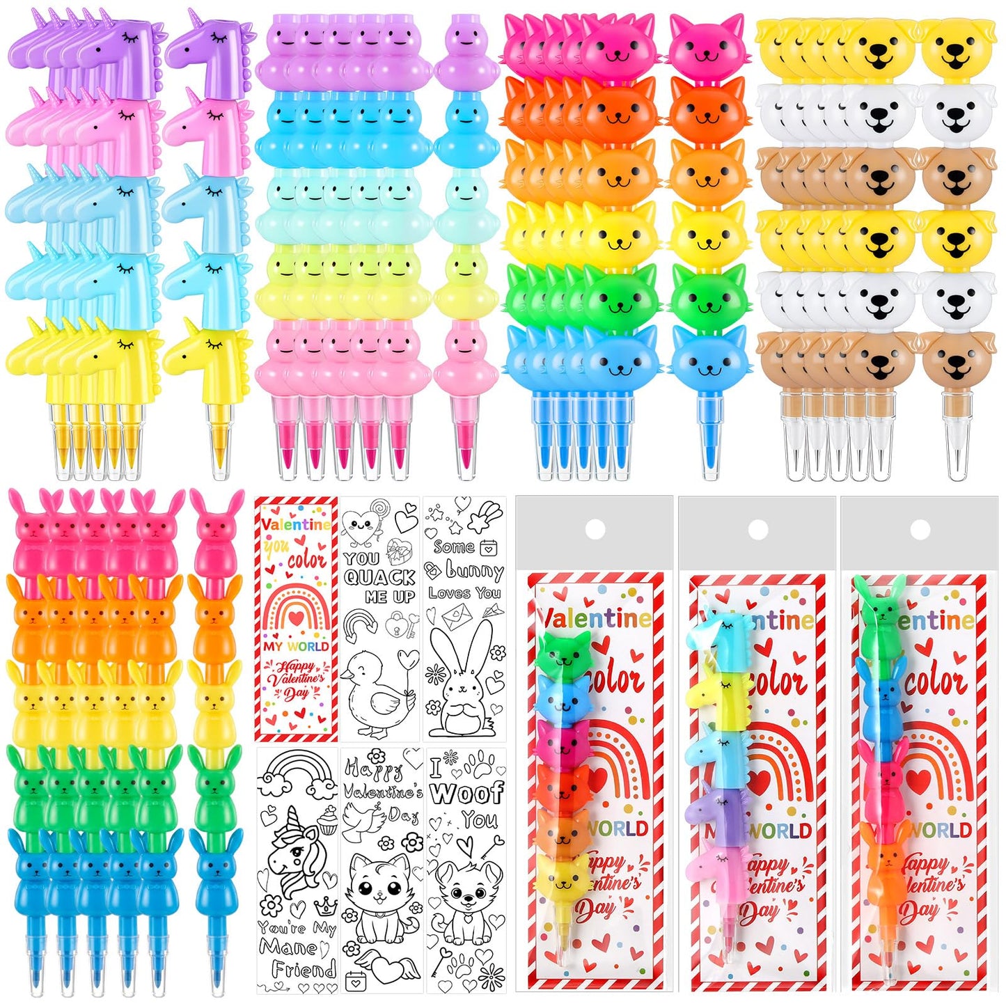 MotiMind 30 Sets Valentines Crayons Party Favors Gifts Animal Stackable Crayons with Coloring Cards Kids Valentines Goodie Bag S