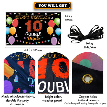 10Th Birthday Backdrop Banner, Happy 10Th Birthday Decorations, Kids 10 Year Old Double Digits Birthday Party Yard Sign Decor, C