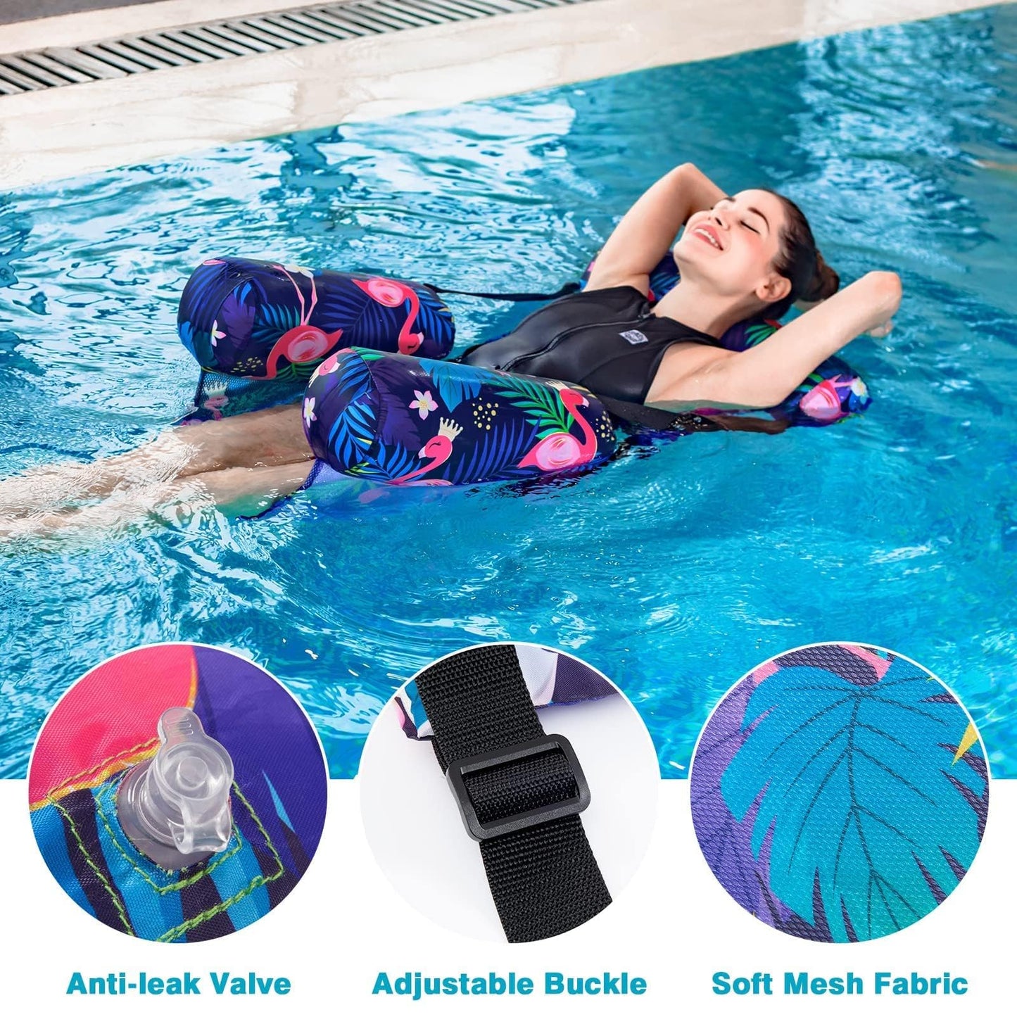 Wernnsai Inflatable Pool Chair Float For Adult - 2 Pack Fabric Pool Float Hammock Adjustable Floating Pool Lounge Chairs For Swimming Pool Beach Lake (Flamingos & Green Plants)