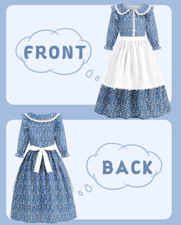 Aoiviss Girls Pioneer Costume Floral Colonial Prairie Dress For Little Kids With Apron And Bonnet, Blue