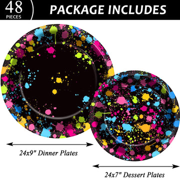 Gisgfim 48 Pcs Neon Plates Party Supplies Glow Birthday Party Decorations Glow In Dark Paper Dessert Plates Disposable Neon Them
