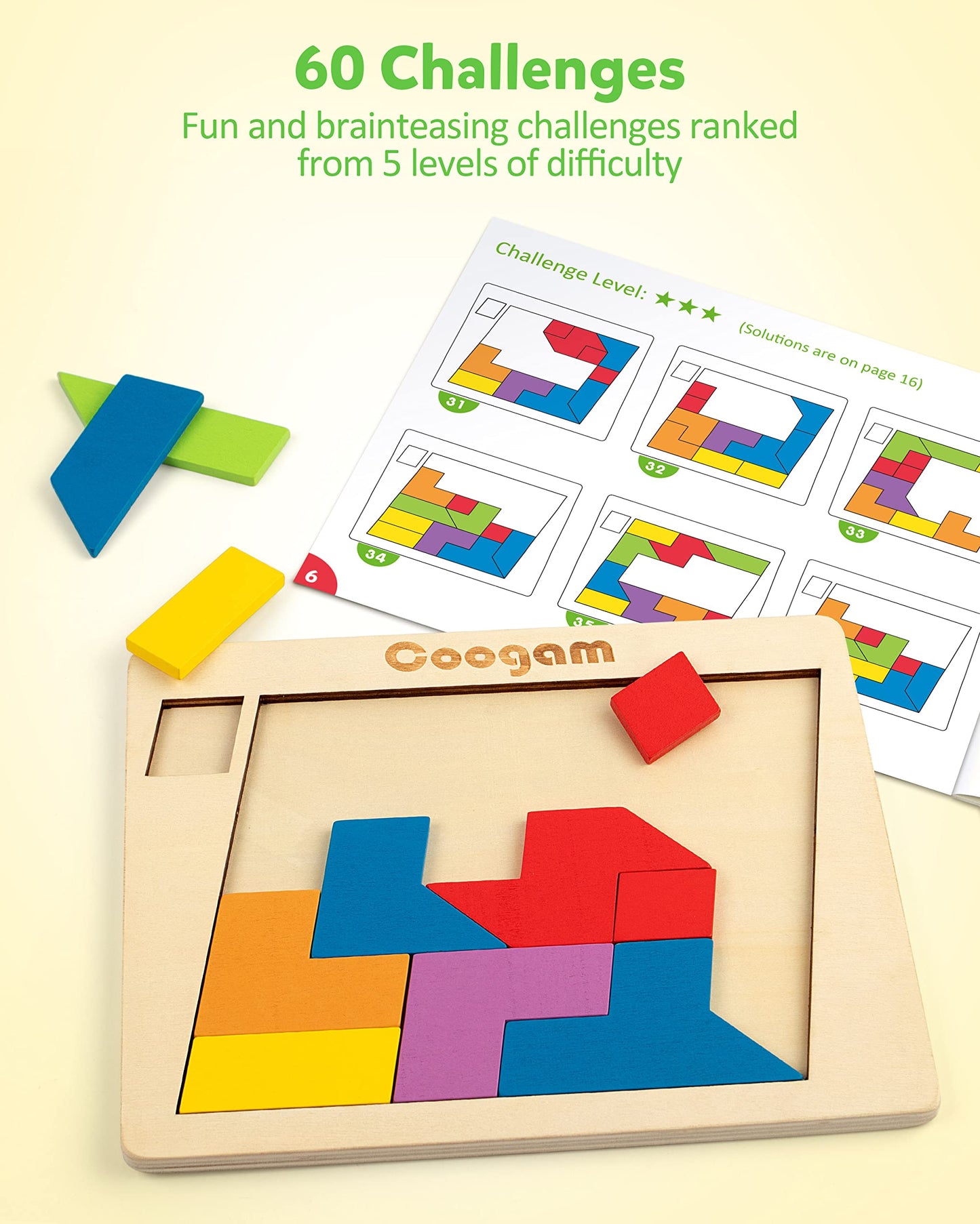 Coogam Wooden Puzzle Blocks Geometric Tangram Brain Teasers Jigsaw 3D Logic Iq Game Colorful Shape Pattern Montessori Stem Educa