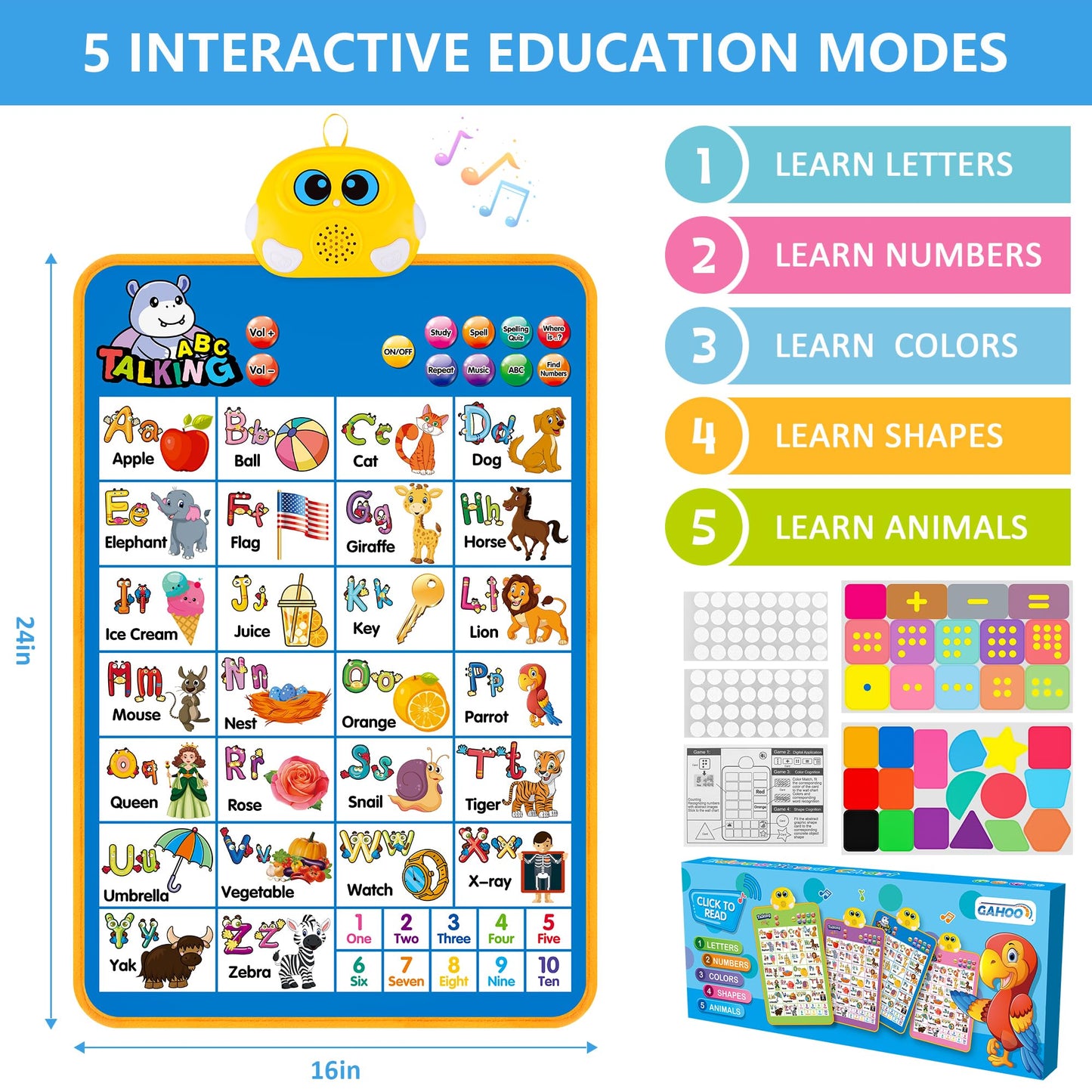 GaHoo Electronic Alphabet Wall Chart - Talking ABC & 123s, Interactive Educational Toy for Toddlers 1-5, Blue Fabric Poster