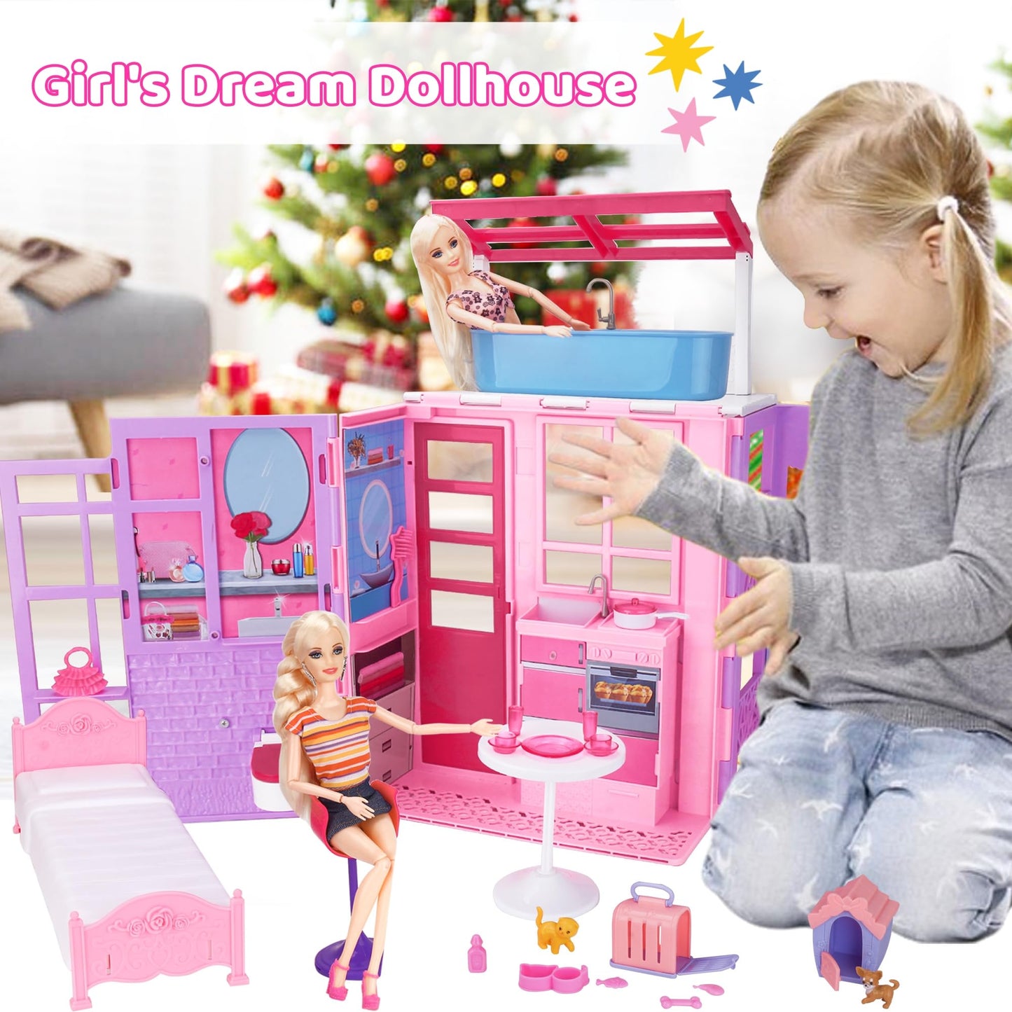 Doll House Playset For Girls, Portable Dollhouse Toy With Furniture & Accessories Including Kitchen, Bedroom, Bathroom, Pet Hous