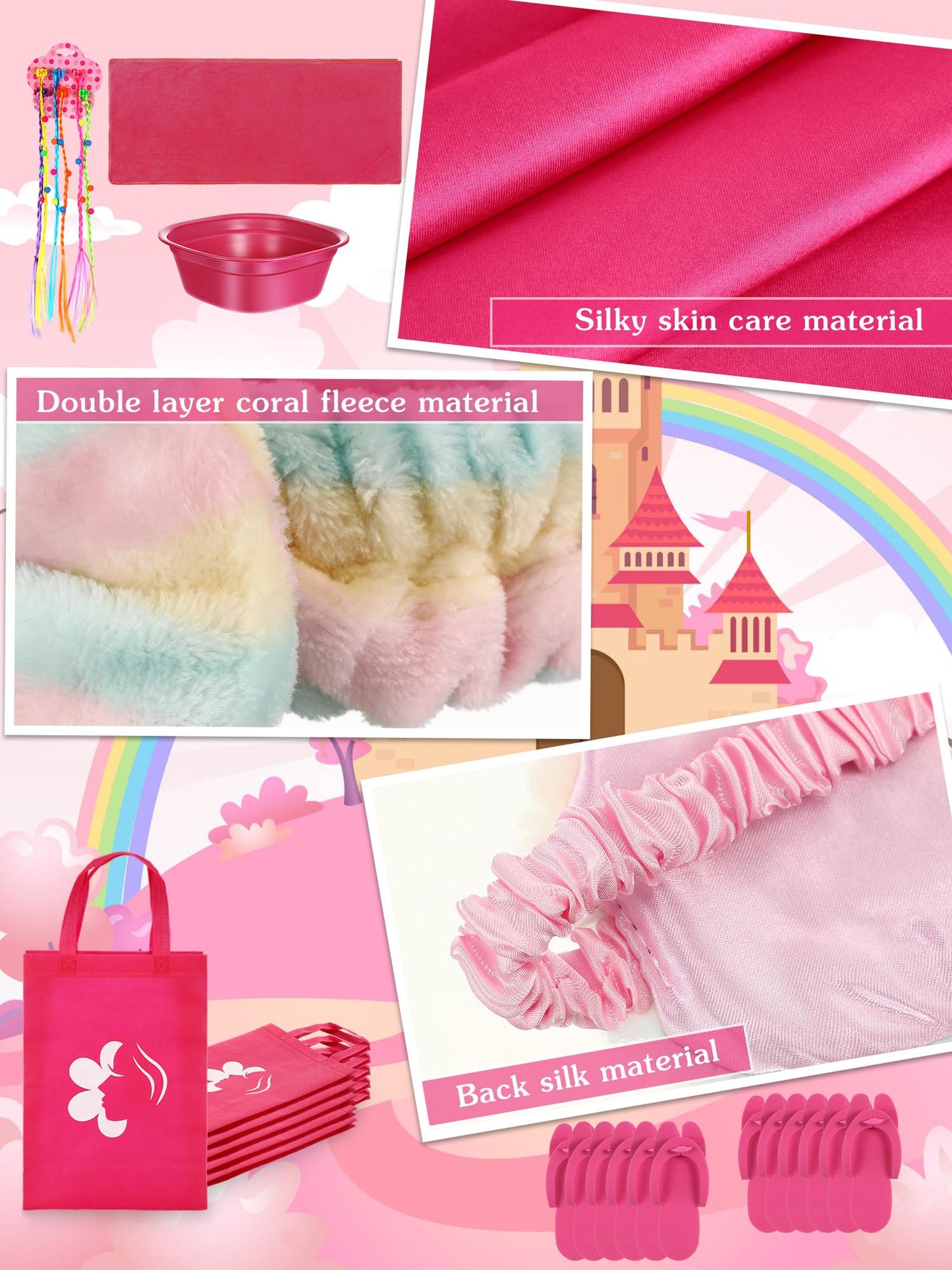 Suhine 6 Set Spa Party Supplies for Girls, Kids Satin Robes Nail Salon Kit Spa Kit Accessories for Birthday Party Favors (Rose R