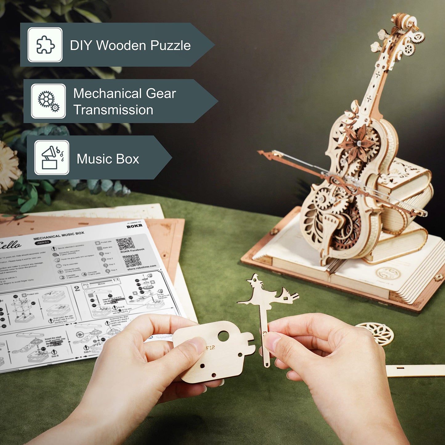 Robotime Wooden Music Box Puzzles For Adults Amk63 Magic Cello, 3D Wooden Puzzles For Adults/Teens Wooden Model Kits To Build, House Warming Musical Gift Hobby Kit Stem Toy Home Decor