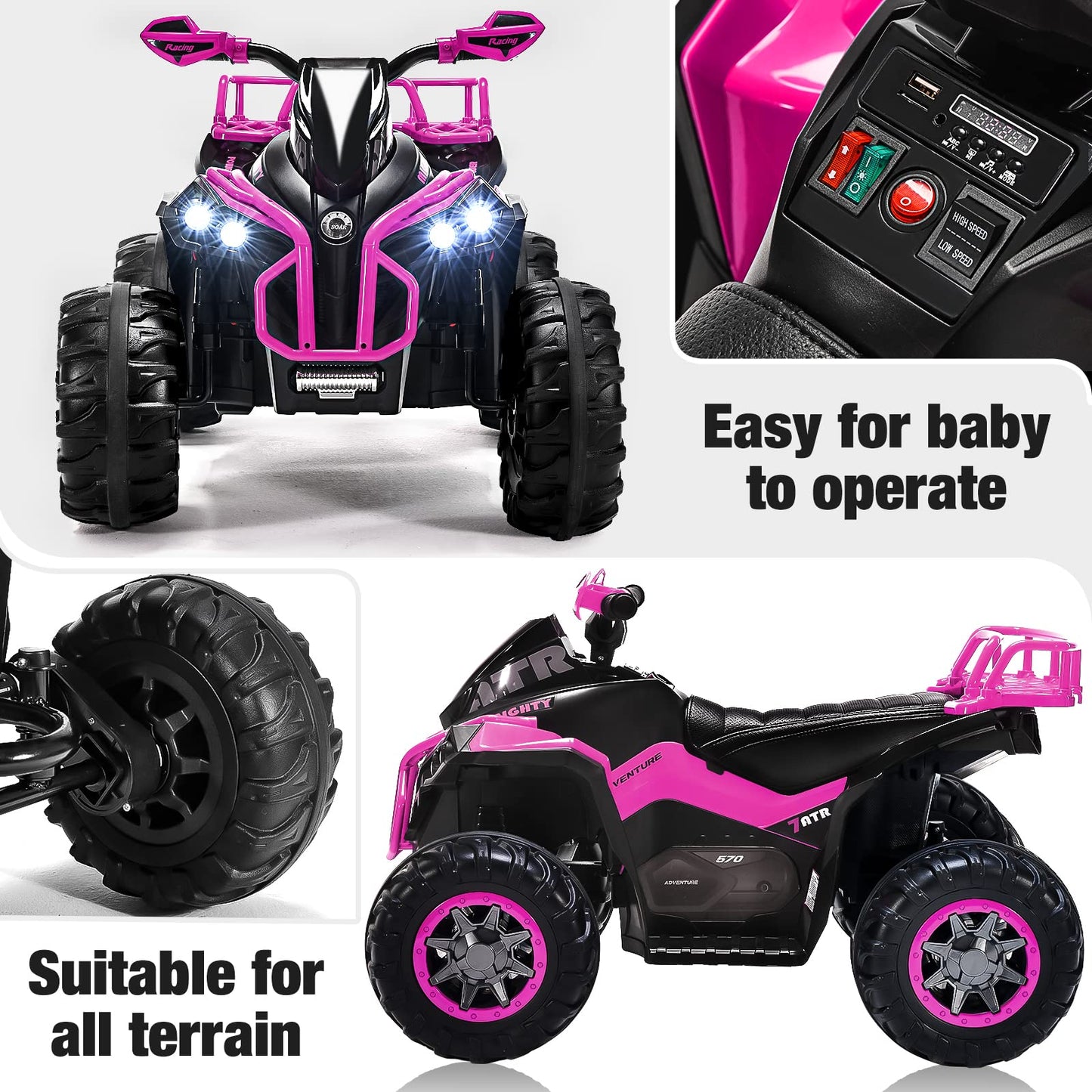 Soar Remote Control Four Wheeler For Kids - Electirc Toddler 4 Wheeler For Kids 3-6, Ride On Atv 12V Battery Powered, Kids Quad With Led Lights, Music, High Low Speed, Usb/Tf, Treaded Tires, Pink