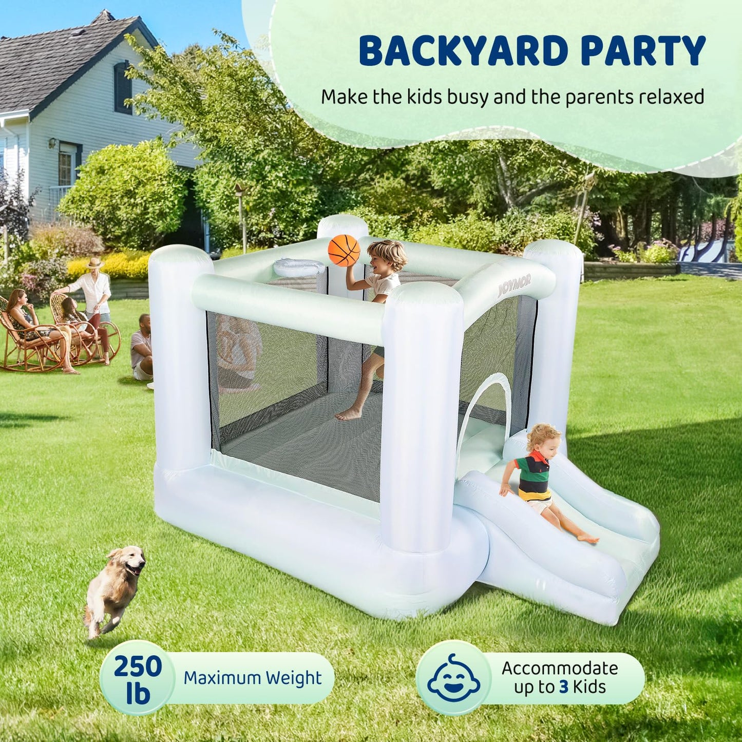 Joymor Grandient Style 3-In-1 Inflatable Bounce House For Kids 3-6 W/Basketball Hoop And Slide, Kids Small Bounce House With Blower For Toddlers Indoor & Outdoor Party