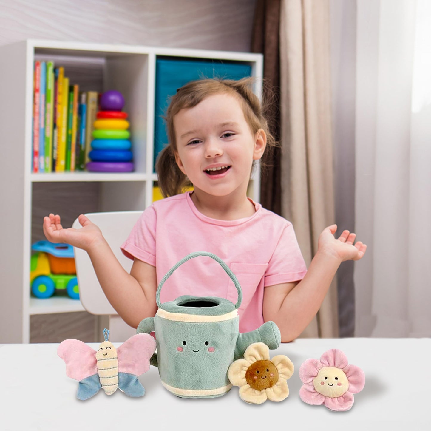 MON AMI Spring Watering Can Play Set with Rattles - 4 Pc Set, Stuffed Plush Gardening Set for Kids with Watering Can, 2 Pcs Flow