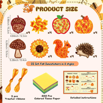 Funrous 32 Set Fall Suncatcher Craft Kit Autumn Harvest Suncatcher Paper Crafts with Tissue Paper DIY Window Stained Glass Effec