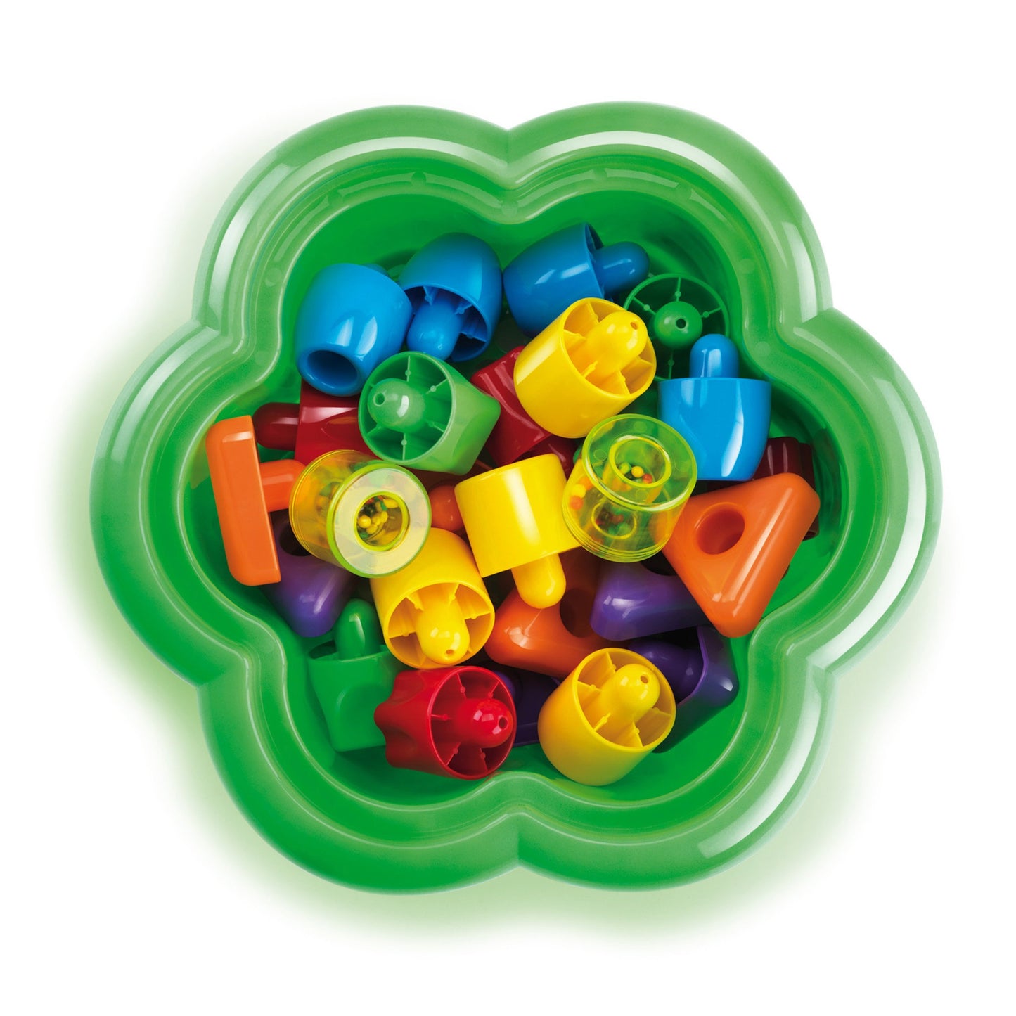 Aso Quercetti Chunky Peggy Stacking Toy - 28-Pieces Including 2 Rattle Pegs, Sturdy Daisy Basket Design With Built-In Storage, F