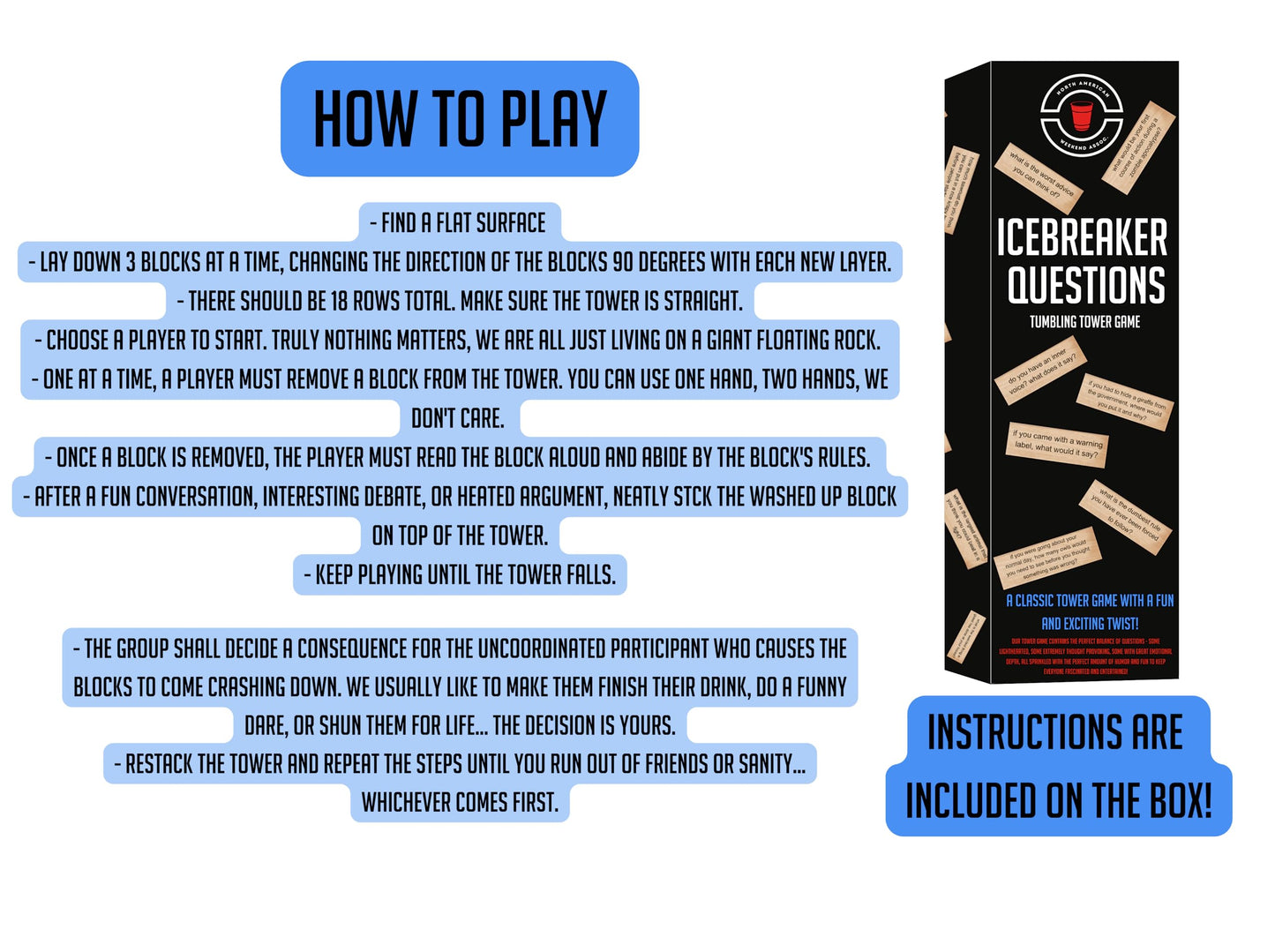 NORTH AMERICAN WEEKEND Tumbling Tower Game - 54 Icebreaker Questions - Fun for Family, Friends & Team-Building - Multicolor Wood