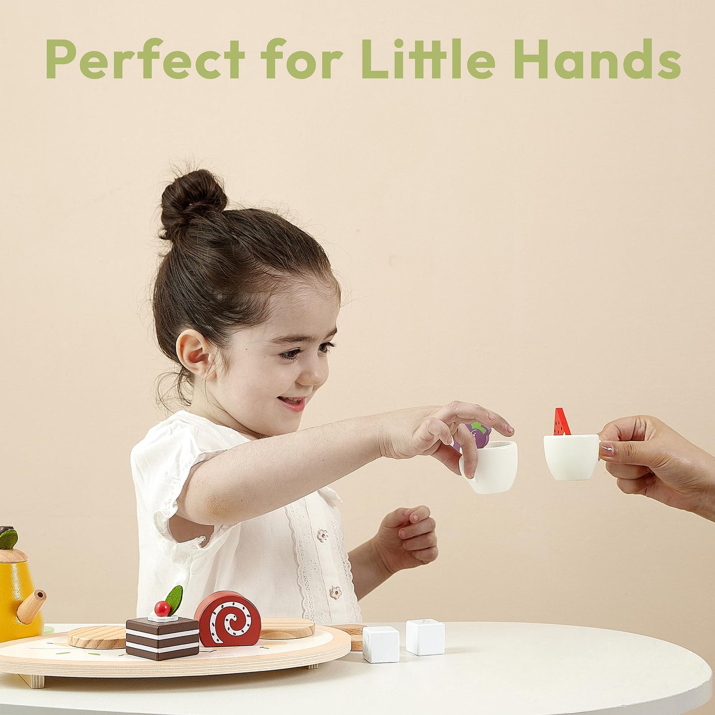 PairPear Wooden Toys Tea Party Set, Toddler Tea Set for Little Girls, Kids Pretend Play Kitchen Accessories, Wooden Play Food To