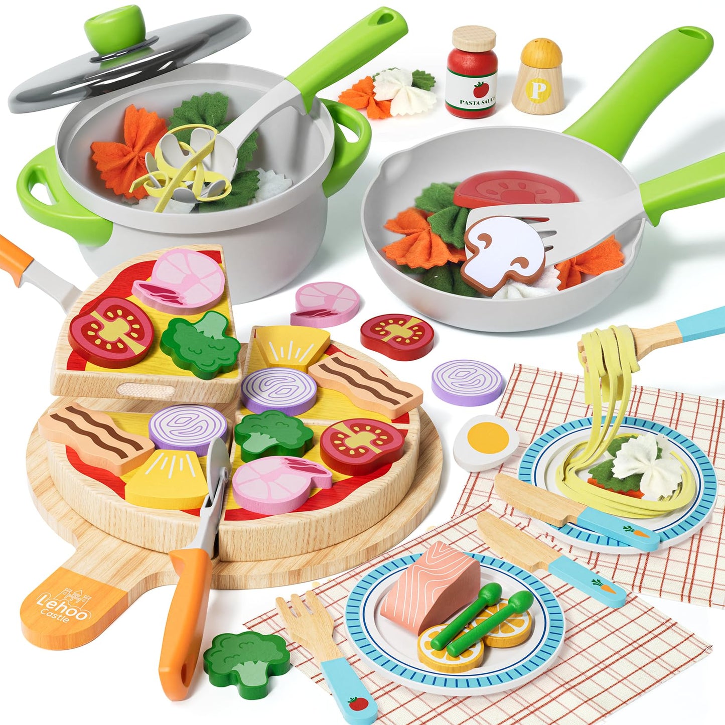 Lehoo Castle Play Food Sets for Kids Kitchen, Wooden Toys Play Kitchen Accessories with Pot and Pan, Pizza Toy Pretend Play for