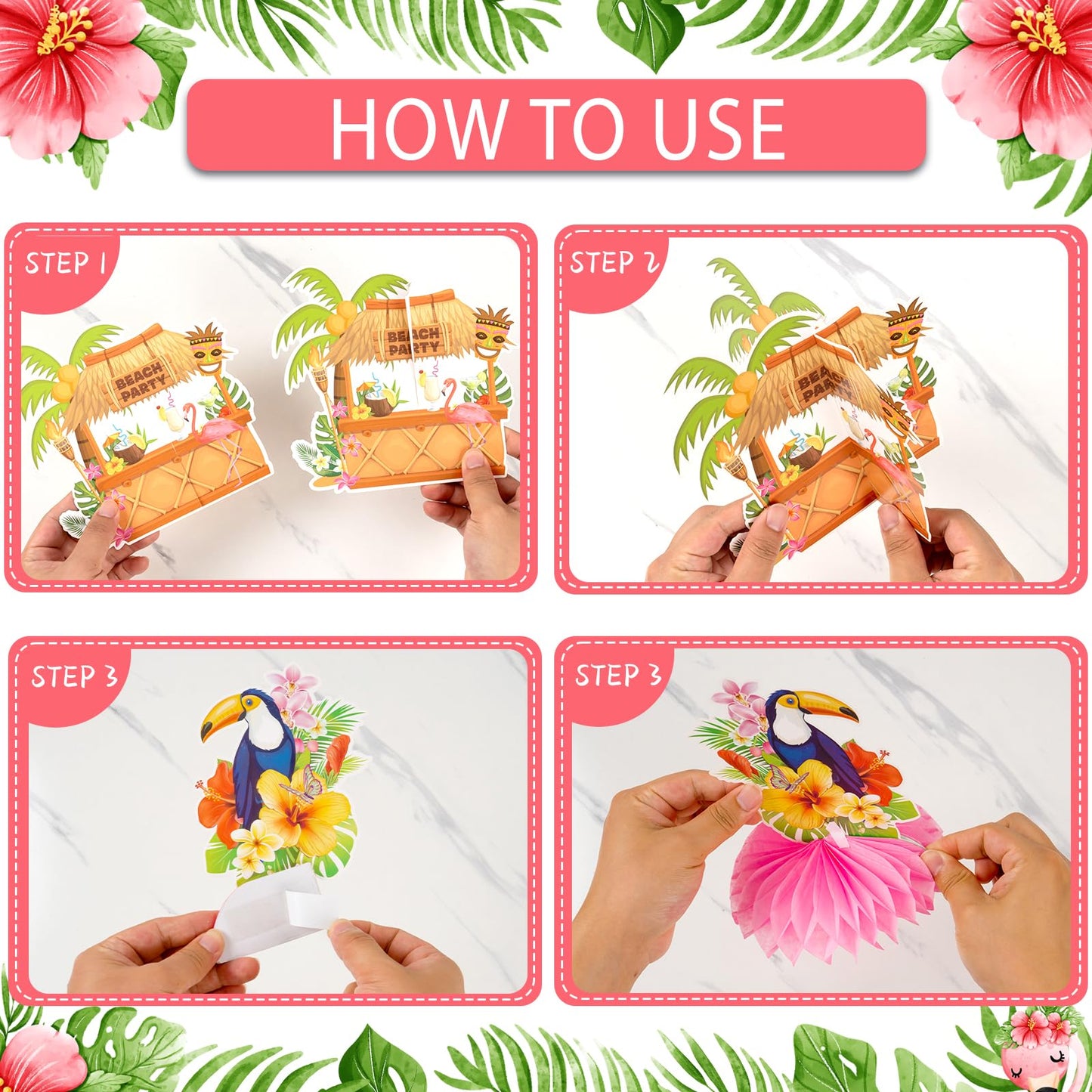 12Pcs Hawaiian Luau Party Table Decorations - Double Sided Aloha Flamingo Honeycomb Centerpieces Table Decorations For Hawaiian Tiki Birthday Wedding Pool Party Supplies