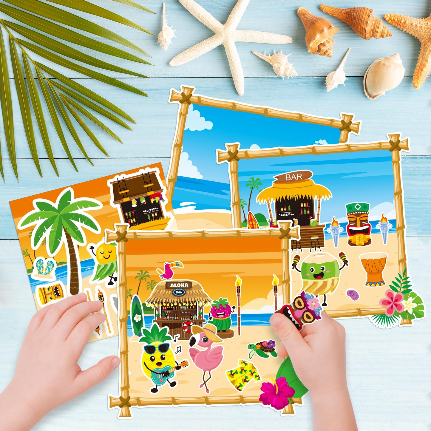 Cy2Side Hawaii Sticker Scene Set - 12 Set Make Your Own Summer Beach Scene Art Craft Diy Tropical Hawaii Craft Kit For Kid Mix Match Flamingo Sticker For Kids Luau Party Game Classroom Supplies