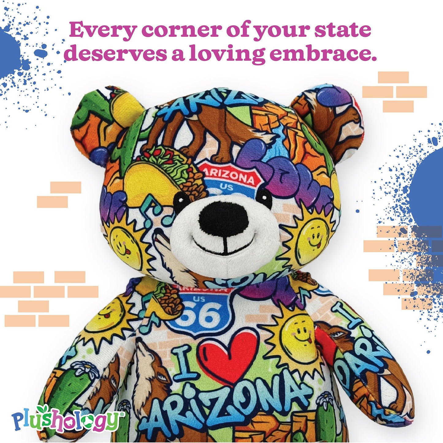 PLUSHOLOGY I Love Arizona Graffiti Teddy Bear Eco Friendly Stuffed Animal; Cuddly Soft Velboa Plush Animal for Kids 3 Years Old to mature-themeds; Child-Safe Embroidered Face Details (10 Tall When Seated)