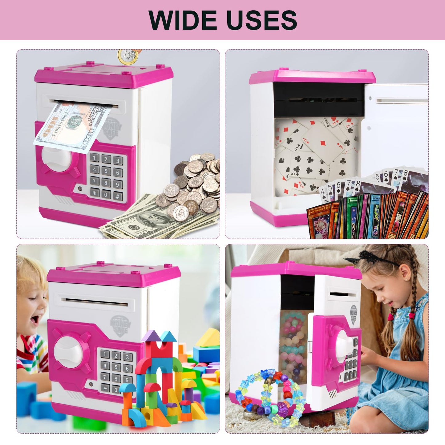 Pup Go Electronic Piggy Bank for Kids Ages 3+ Years Old ATM Money Safe with Pasdecorative replica blade Auto Cash Scroll Kids Savings Banks Coin Bank Kid Safe Box Idea Birthday for Boys Girls (Pink)