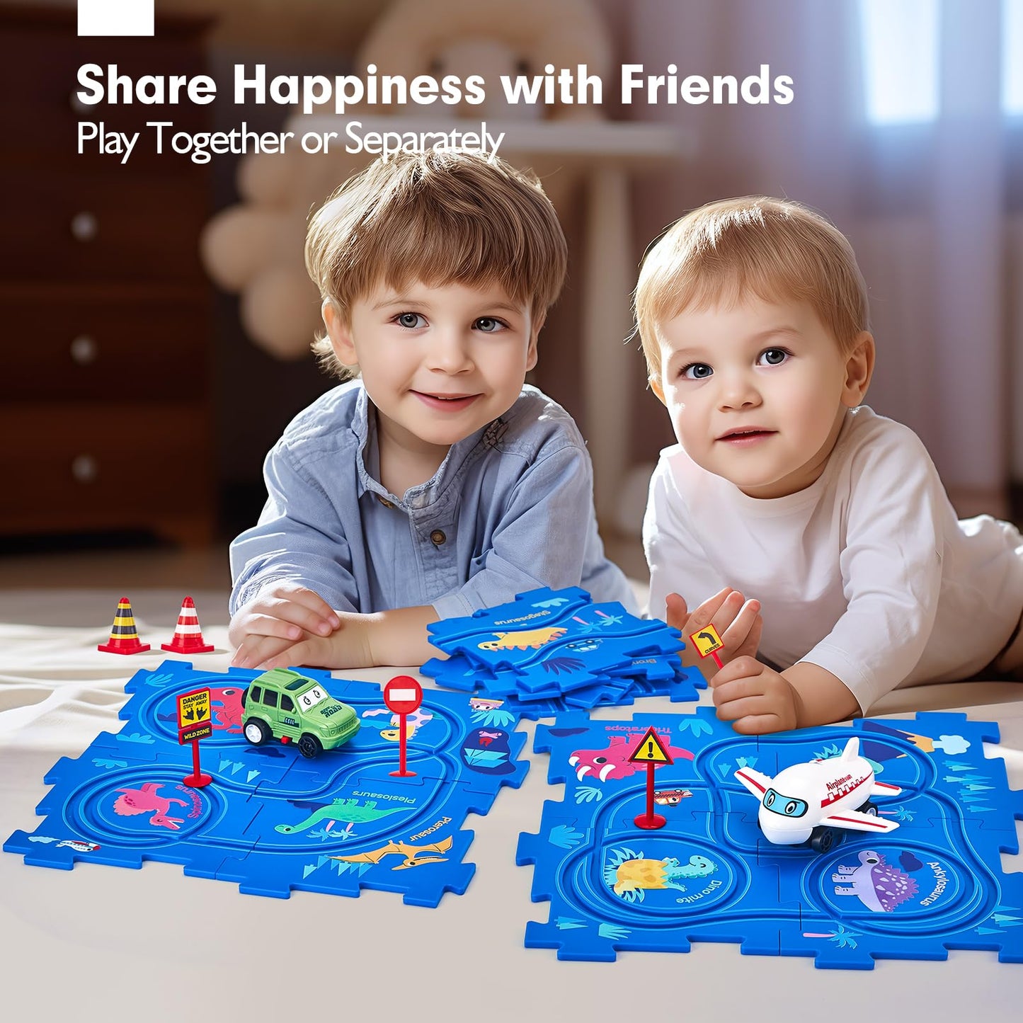 Hahaland Puzzle Racer Kids Car Track Set - 5X5 Inches Larger Size Of Each Piece Toys For Ages 2-4 For Kids 3 Year Old Boy Toys For 3-5 Easter Gifts