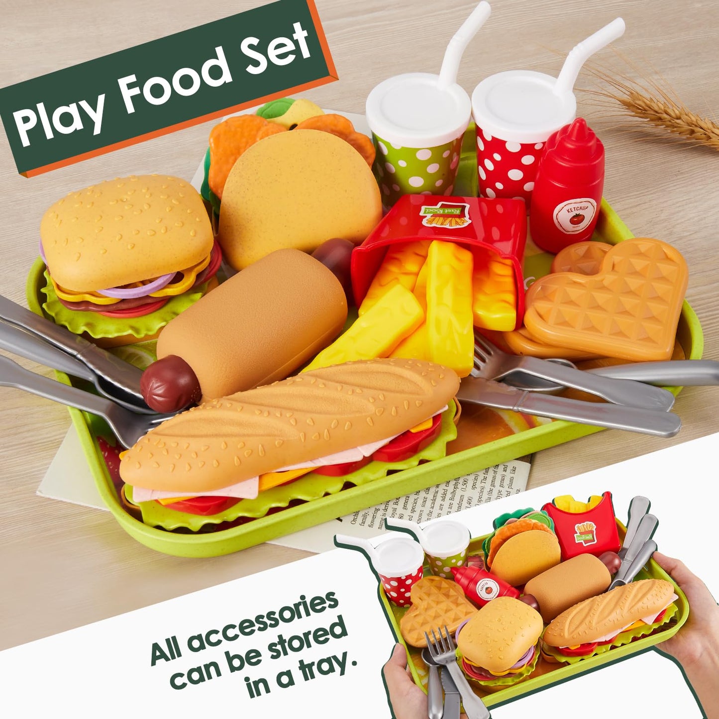 BUYGER Fast Food Play Food Toys for Kids Toddler Children Toy Kitchen Accessories Playset Plastic Toy Food Sets Pretend Play Gif