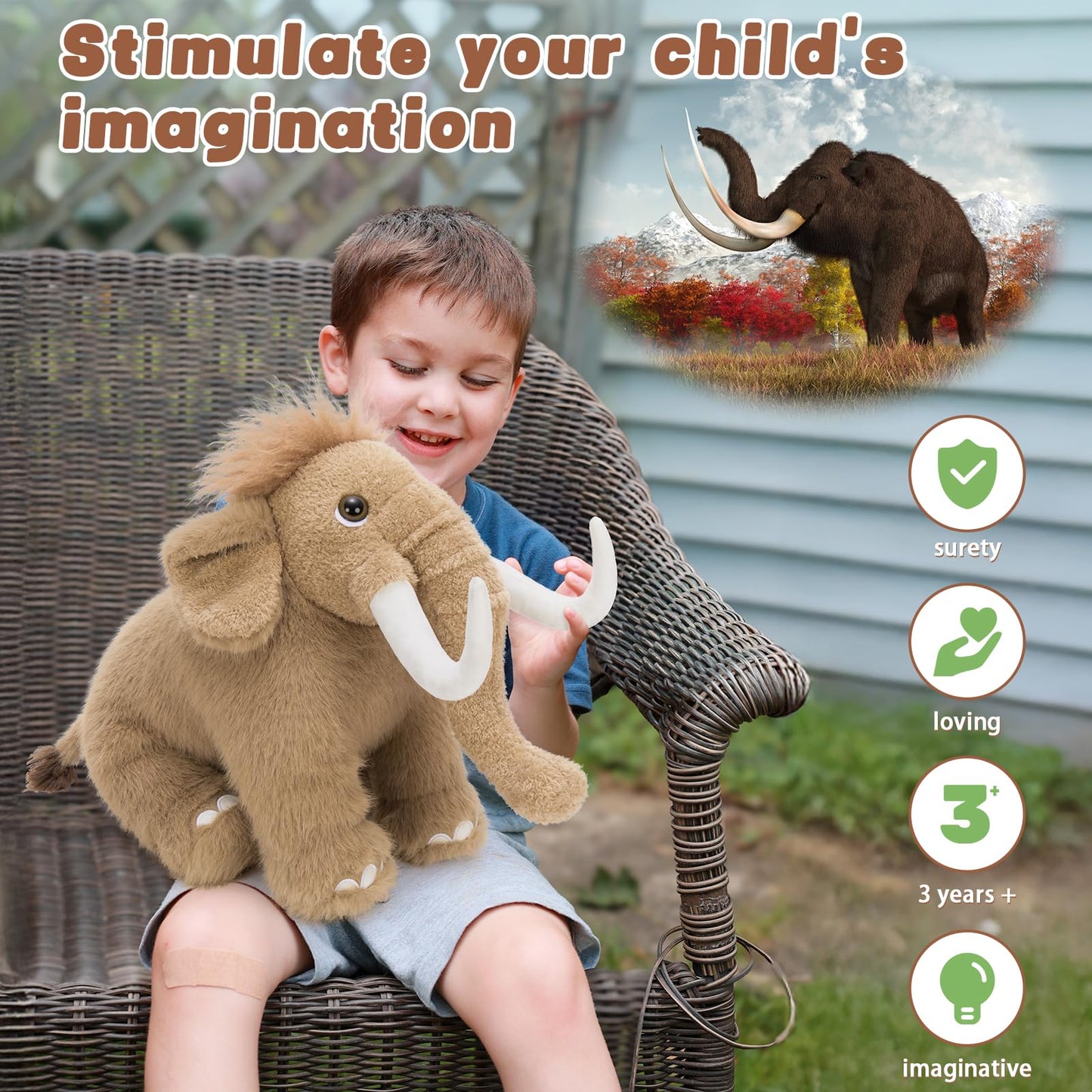Beniny Woolly Mammoth Plush Toy, Cute Soft Mammoth Stuffed Animal For Boys Girls Kids, 16'' Cuddly Christmas Birthday Gift For A