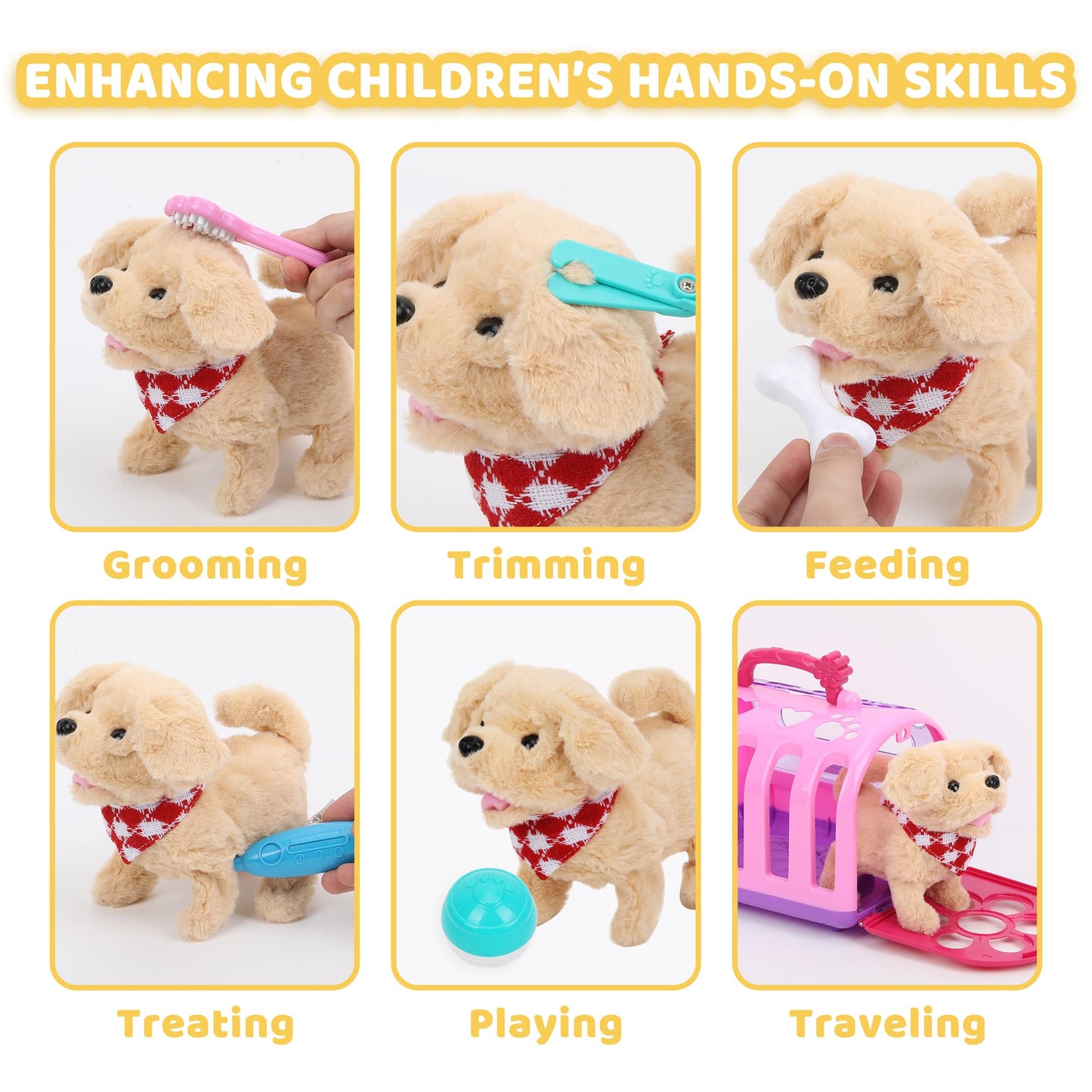 15-Piece Dog Toys For Kids - Walking Dog Stuffed Toy With Pet Cage, Doctor Role Play Toy Dogs With Pet Care Playset, Puppy Toys