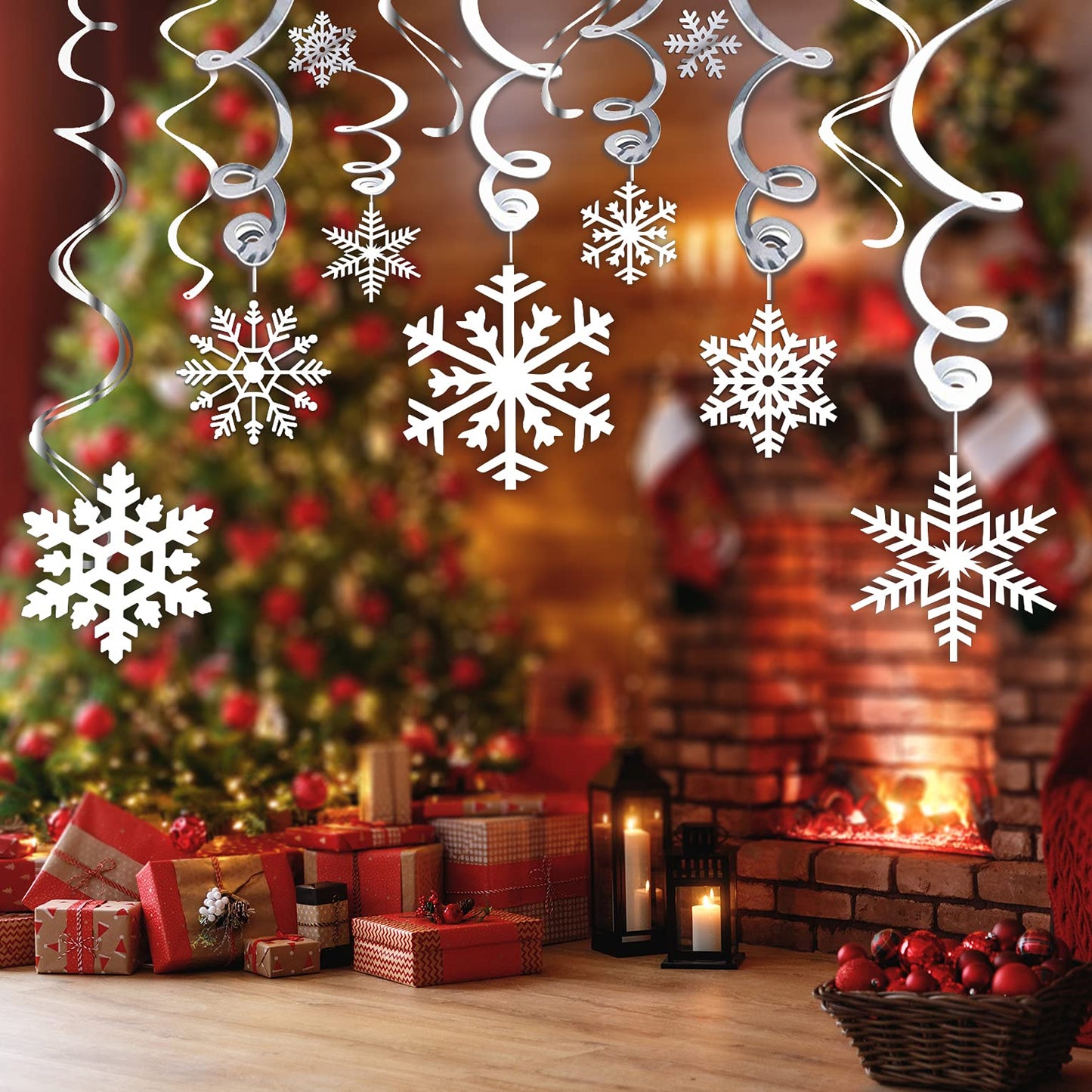 Zayvor 40Ct Christmas Snowflake Hanging Swirl Decorations,Christmas Hanging Ceiling Streamers Snowflake Hanging Swirls and Strin