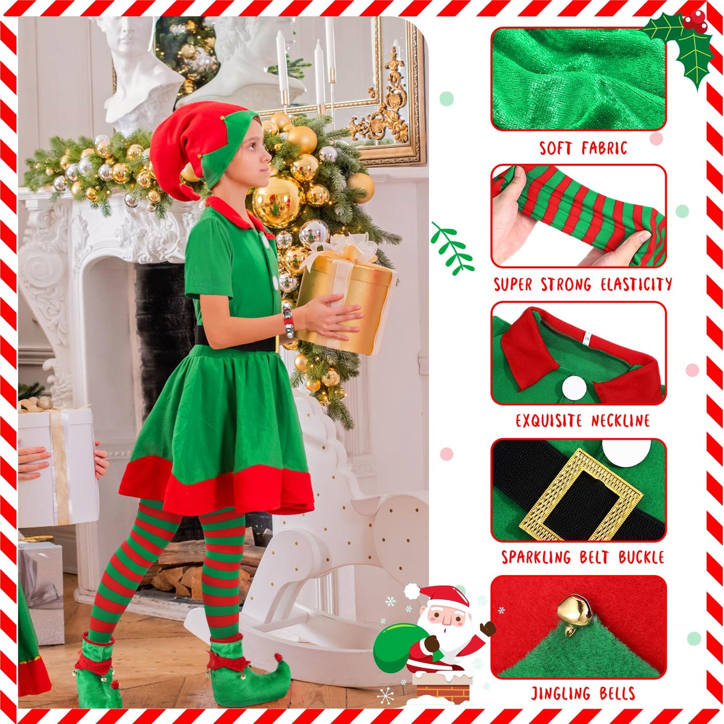Shinymoon 7 Pcs Christmas Elf Costume Set Velvet Dress Ears Hat Shoes Bell Bracelet Xmas Outfit For Girl Cosplay Party (Large)