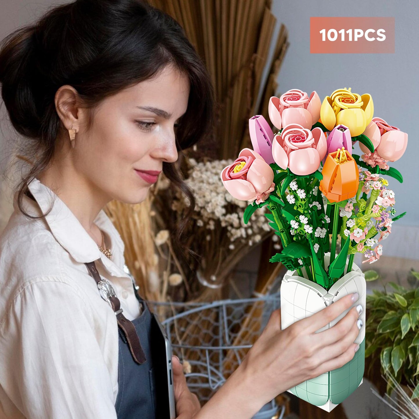 chanbrick Flowers Bouquet Building Set Tulips Camellia with Vase for mature-themed -1011pcs Compatible with Lego