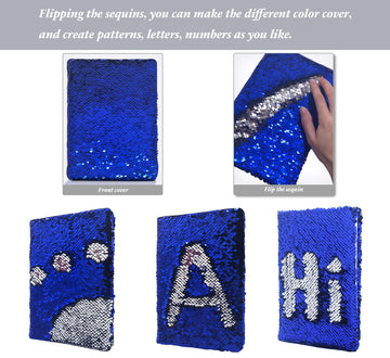 Ginmlyda Sequin Girls Journal For Kids, 8.5X5.5 Inches 160 Lined Pages Diary For Girls And Boys Reversible Flip Sequence Notebook For Teenage Pre School Writing Drawing Travel Gifts (Blue-Sliver)