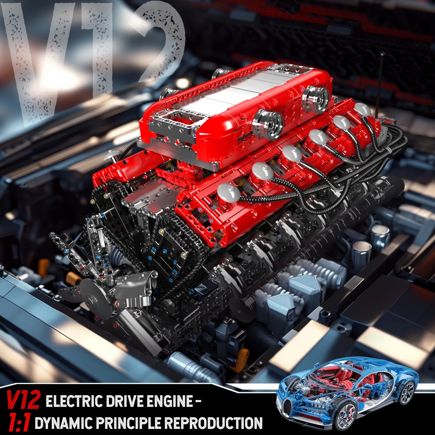 Mould King V12 Engine Model Kit That Works - 3472 Pcs Build Your Own Model Engine Kit For Adults, 12-Cylinder Car Engine Kit Mor